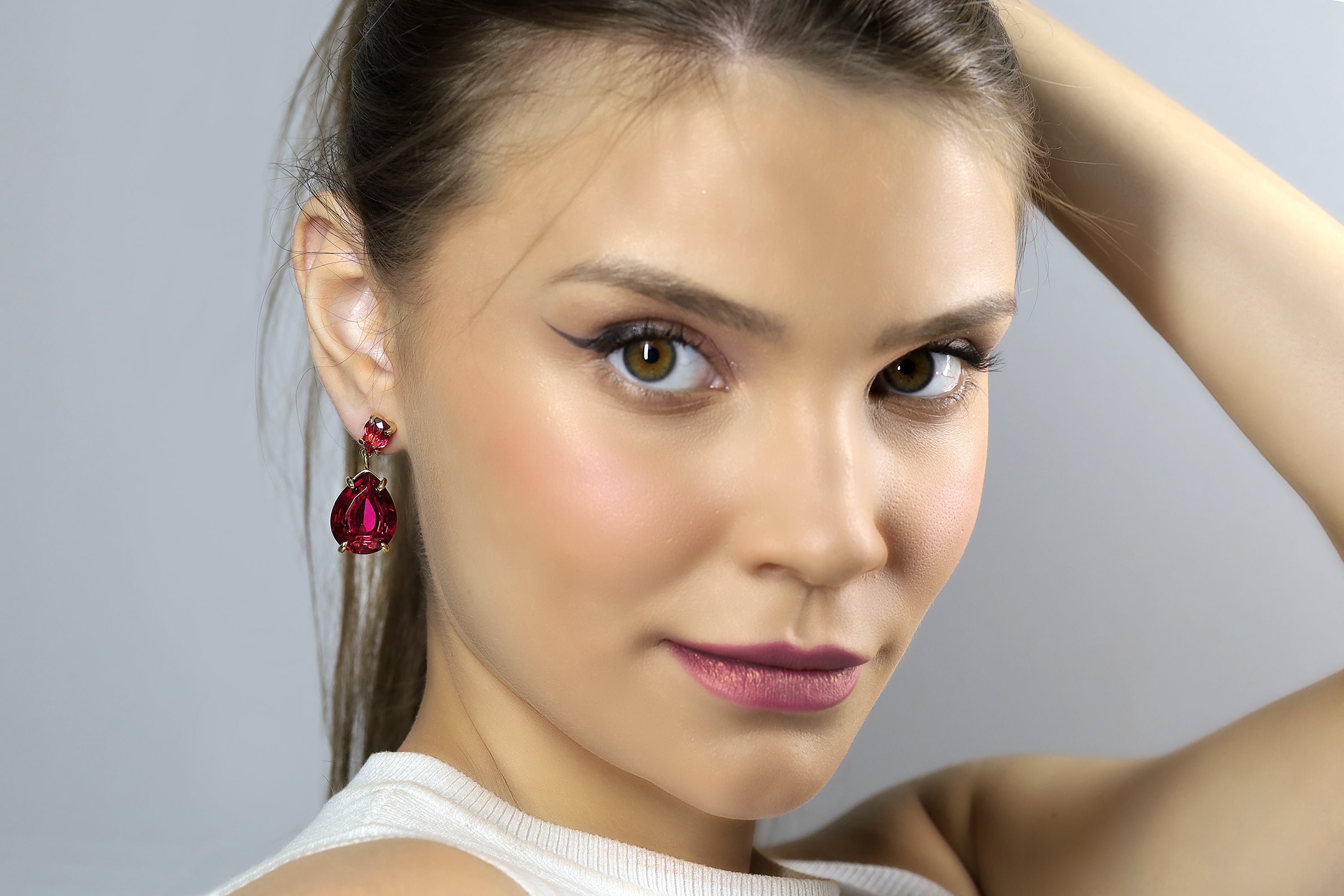 Pear Cut Pink Tourmaline Double Stone Gold Earrings Earrings Anemone Jewelry