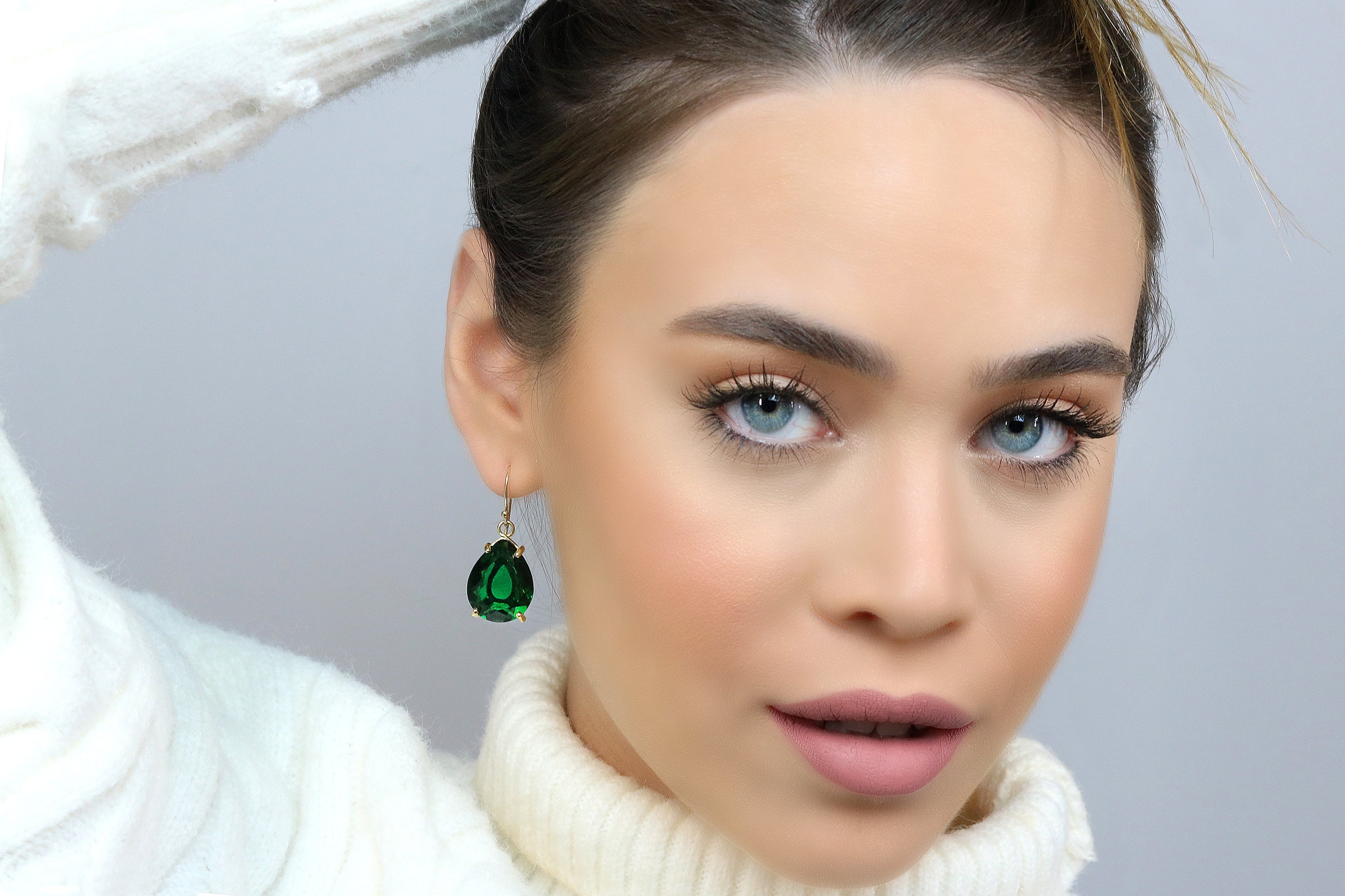 Pear Emerald Drop Earrings in Sterling Silver Earrings Anemone Jewelry