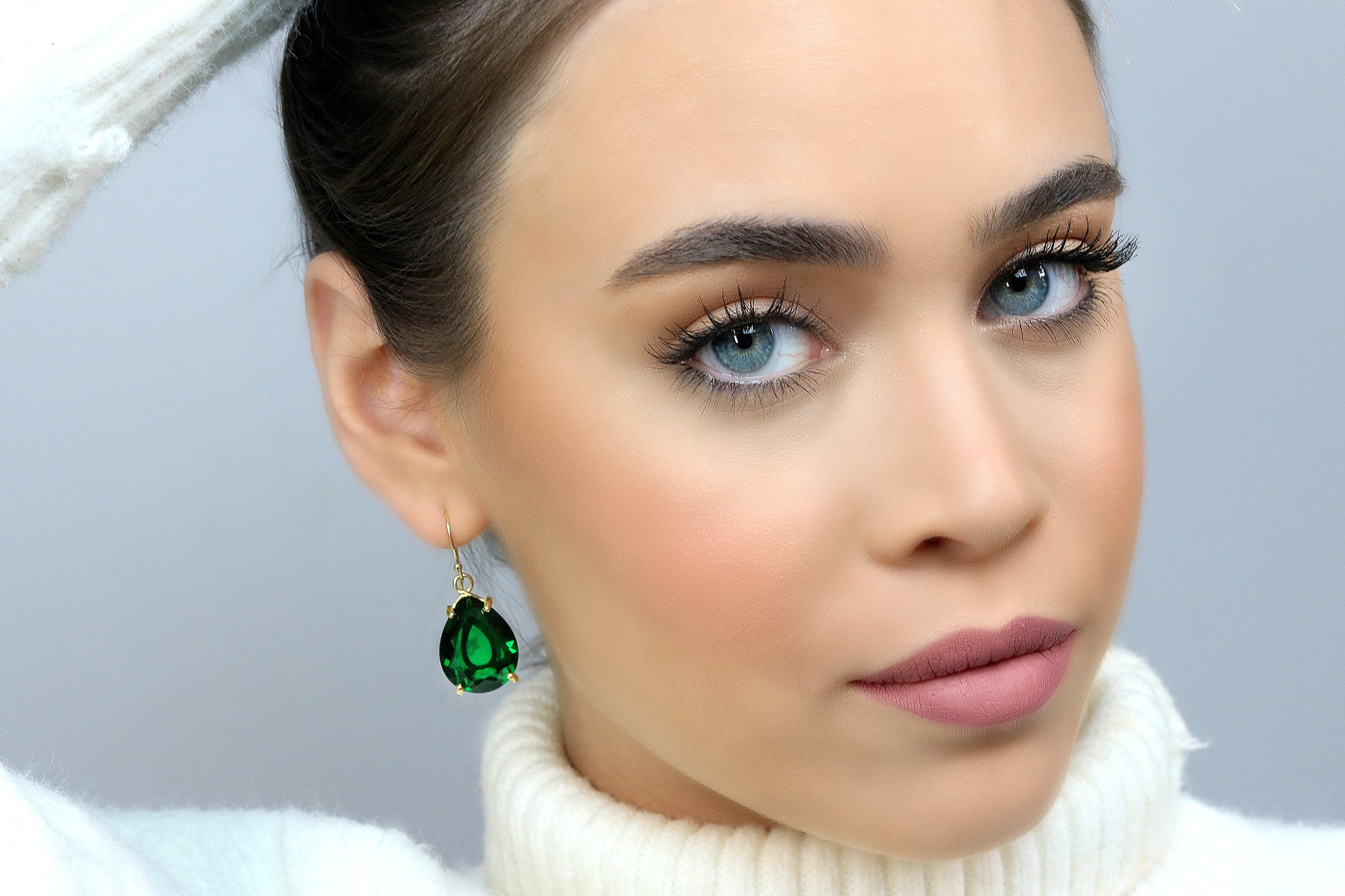 Pear Emerald Drop Earrings in Sterling Silver Earrings Anemone Jewelry