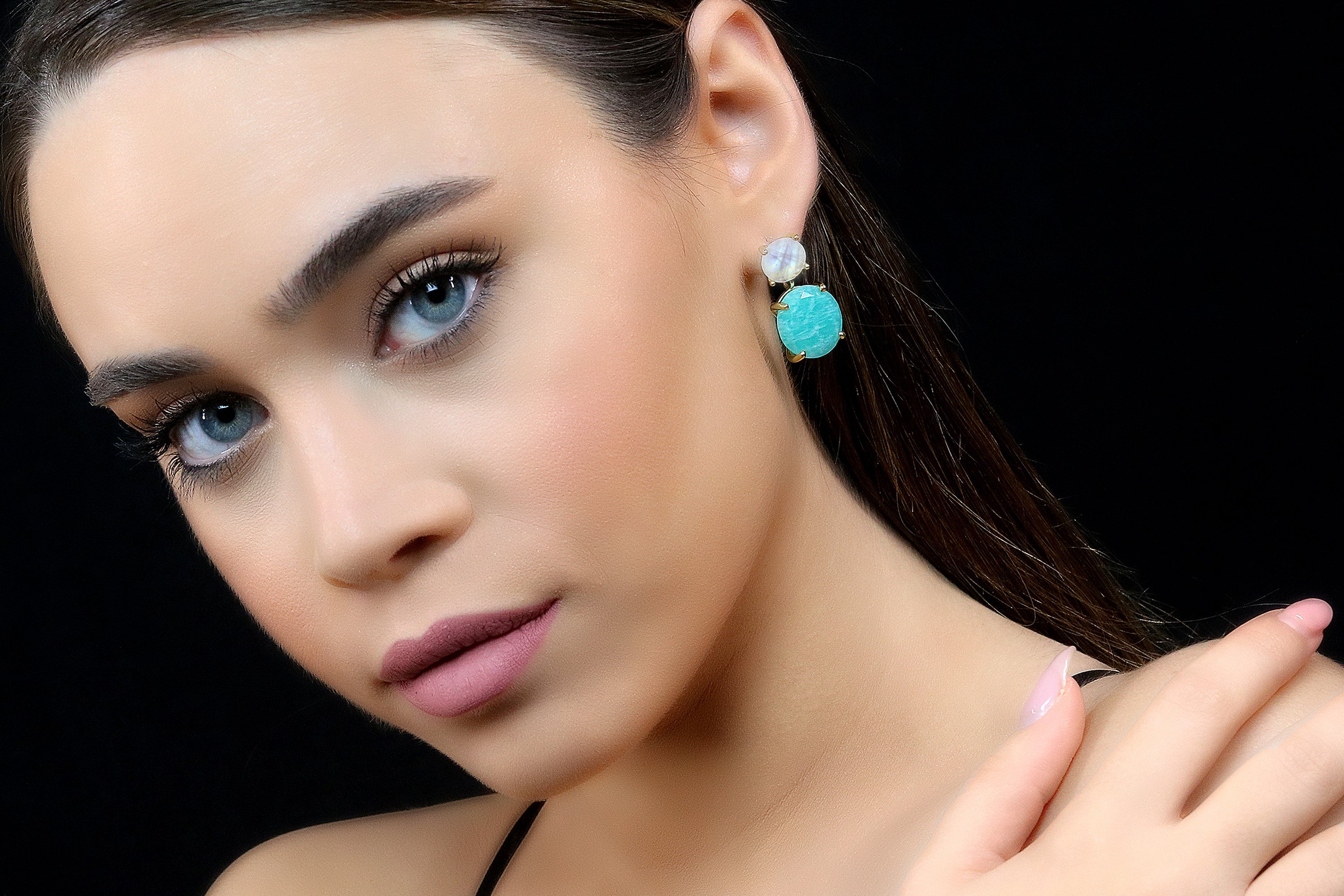 Semiprecious Amazonite and Moonstone Earrings in Gold Earrings Anemone Jewelry