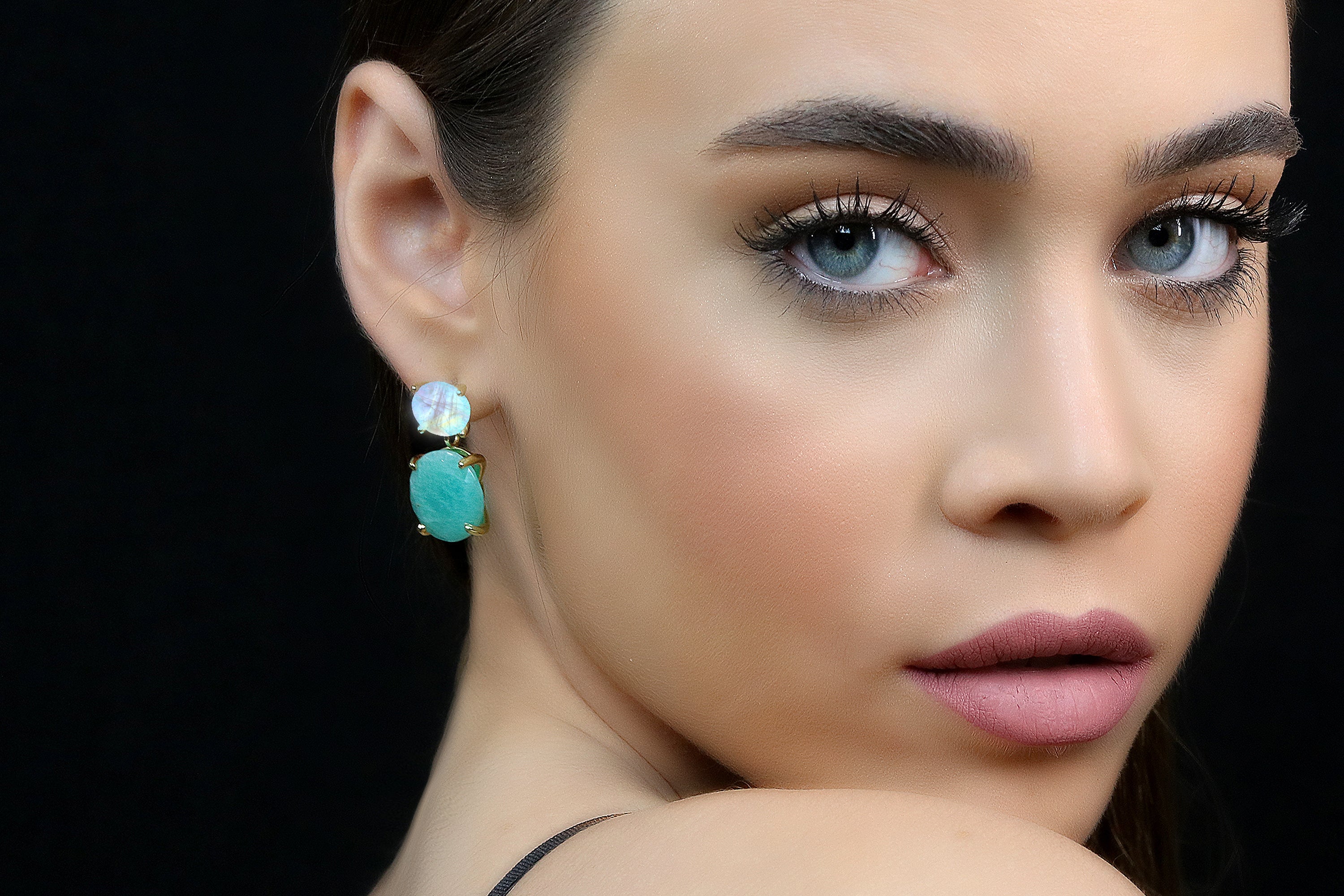 Semiprecious Amazonite and Moonstone Earrings in Gold Earrings Anemone Jewelry