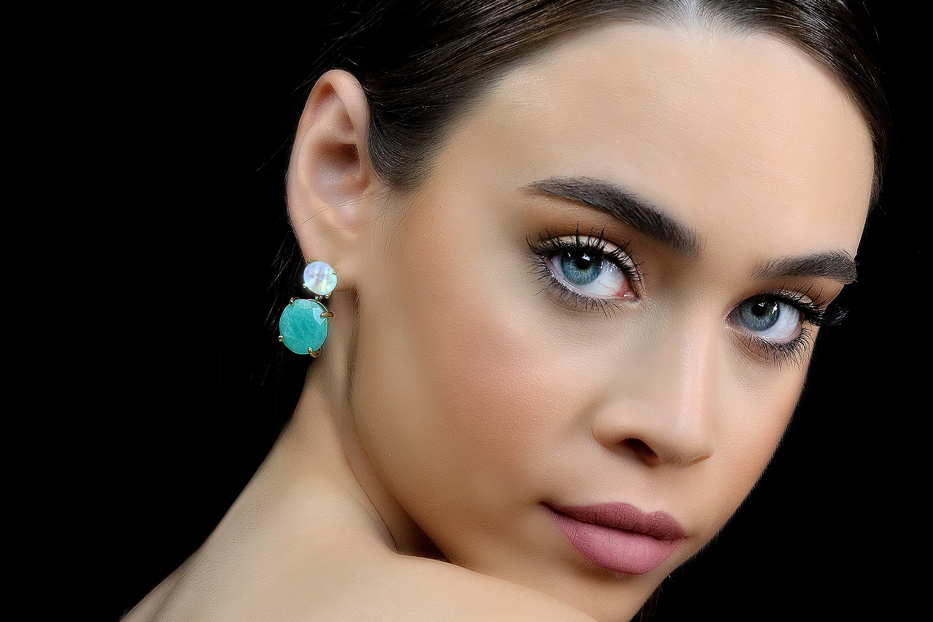 Semiprecious Amazonite and Moonstone Earrings in Gold Earrings Anemone Jewelry