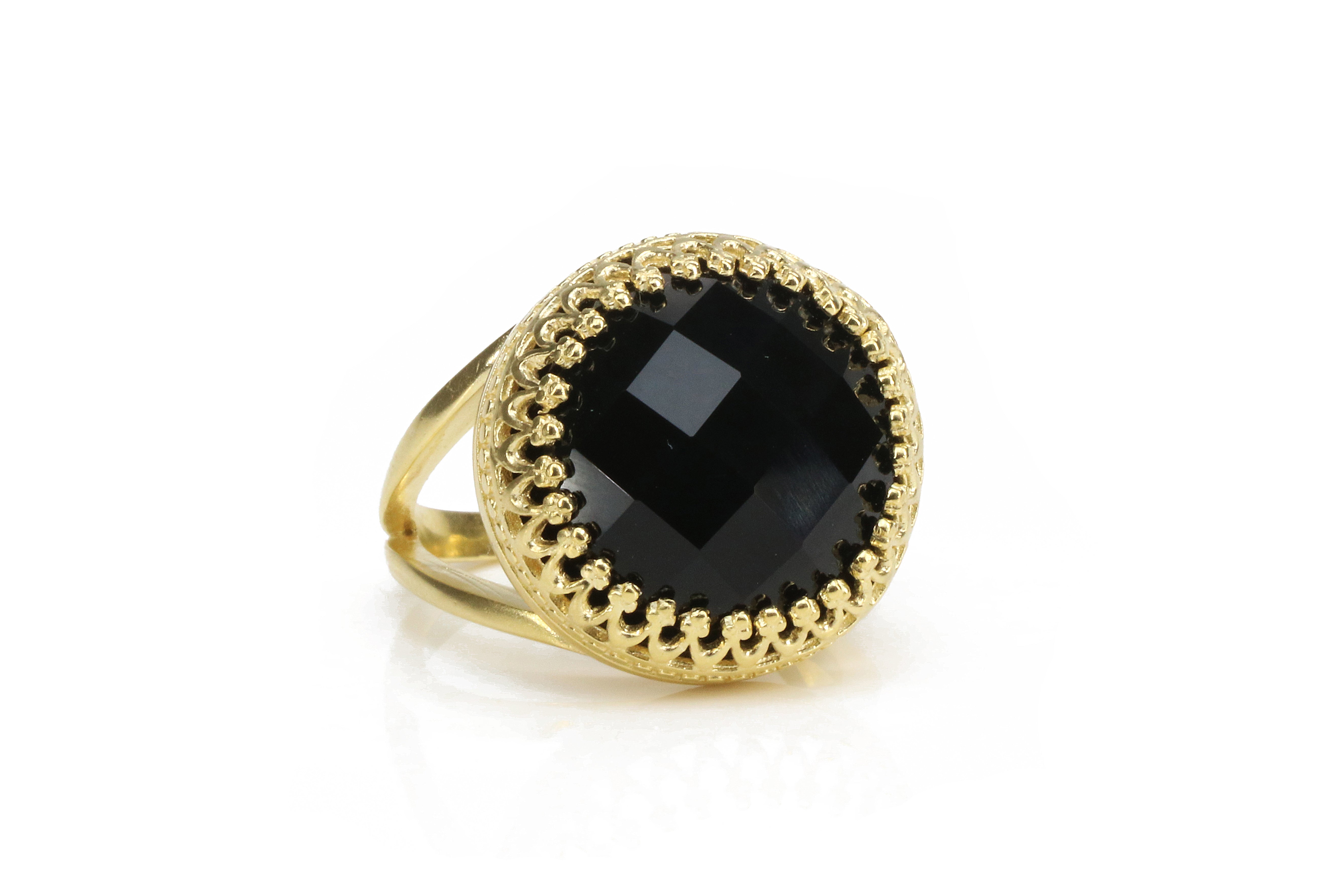 Faceted Round Black Onyx Ring in 925 Sterling Silver Rings Anemone Jewelry