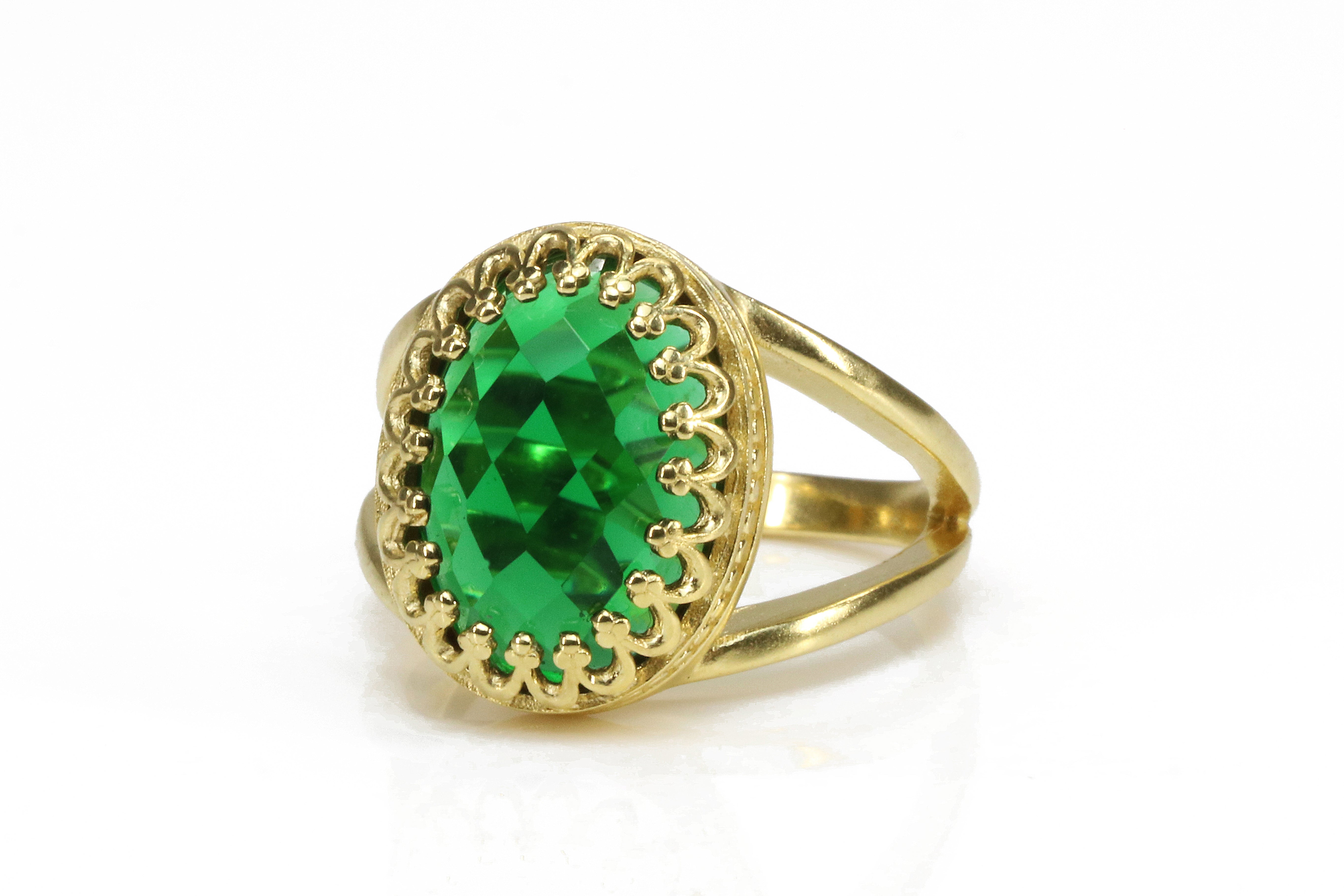 Vintage Inspired Large Oval Emerald Gold Ring Rings Anemone Jewelry