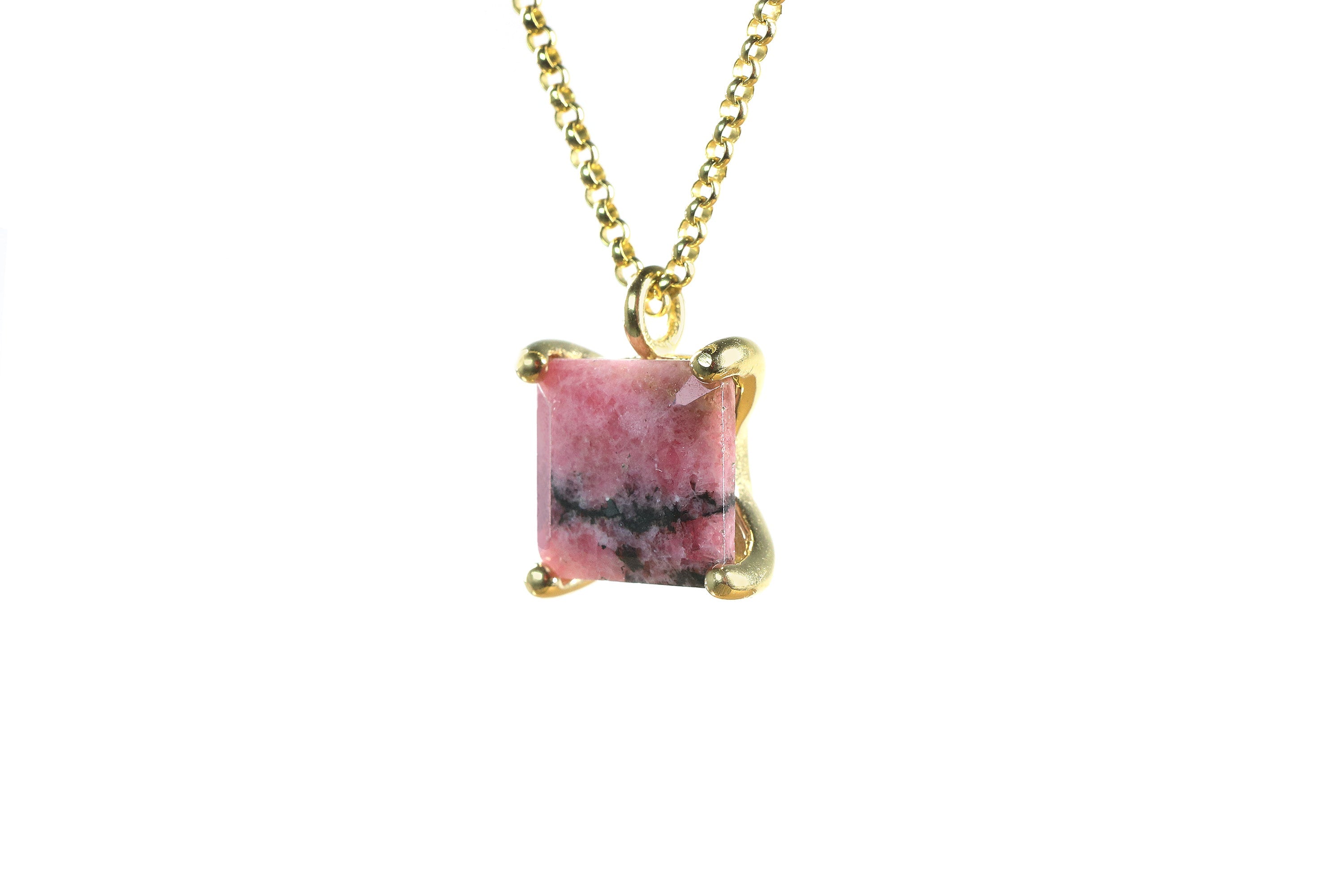 Square Rhodonite Pendant Necklace in Gold necklaces Anemone Unique