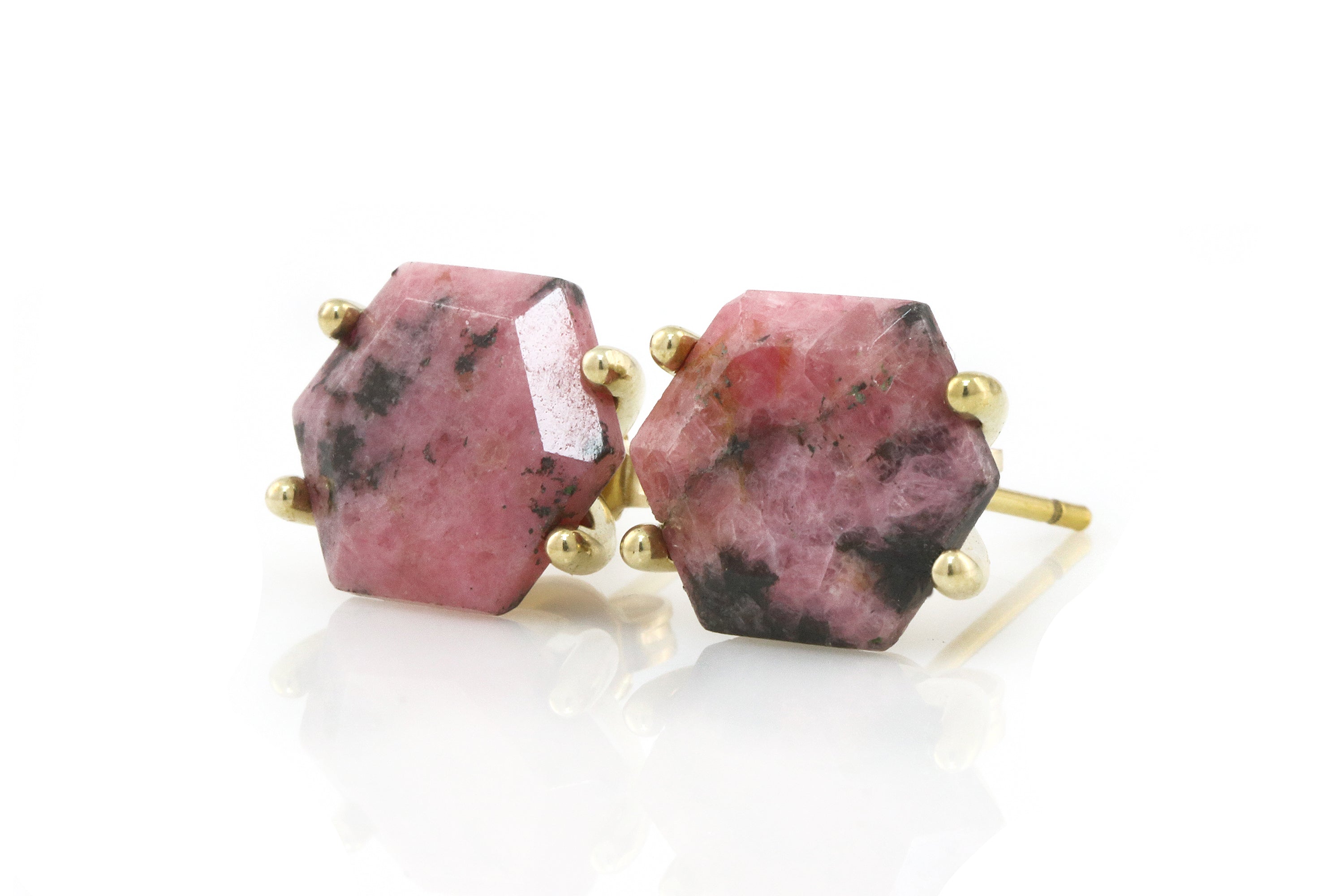 Dainty Hexagon Cut Rhodonite Gold Earrings Earrings Anemone Unique
