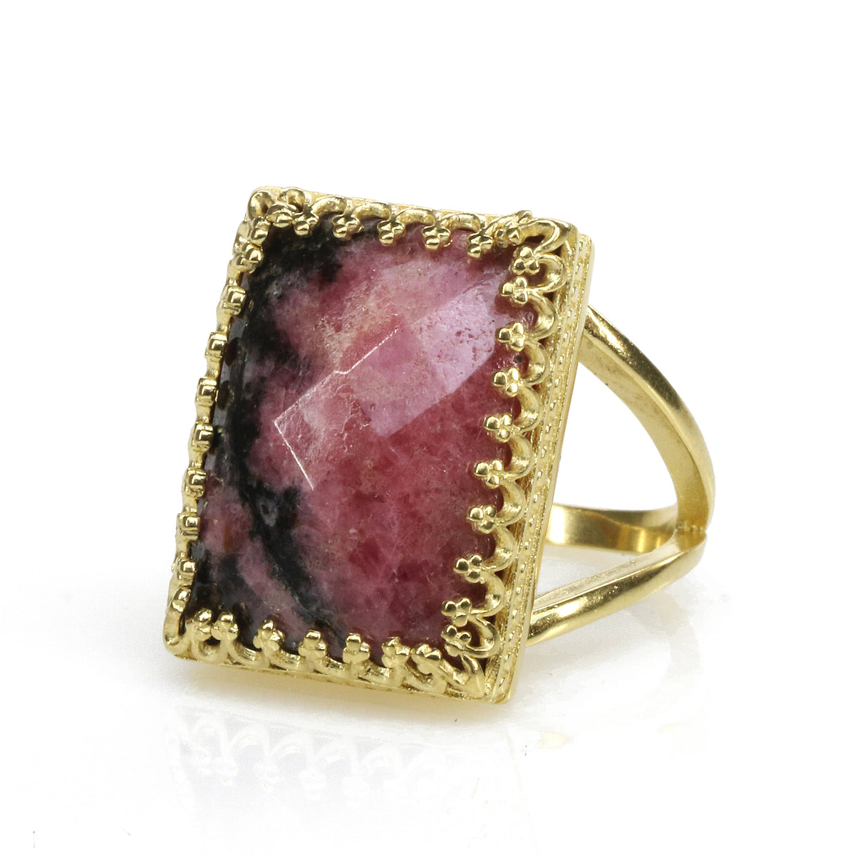 Statement Rectangle Cut Rhodonite 14k Gold Ring – Anemone Jewelry
