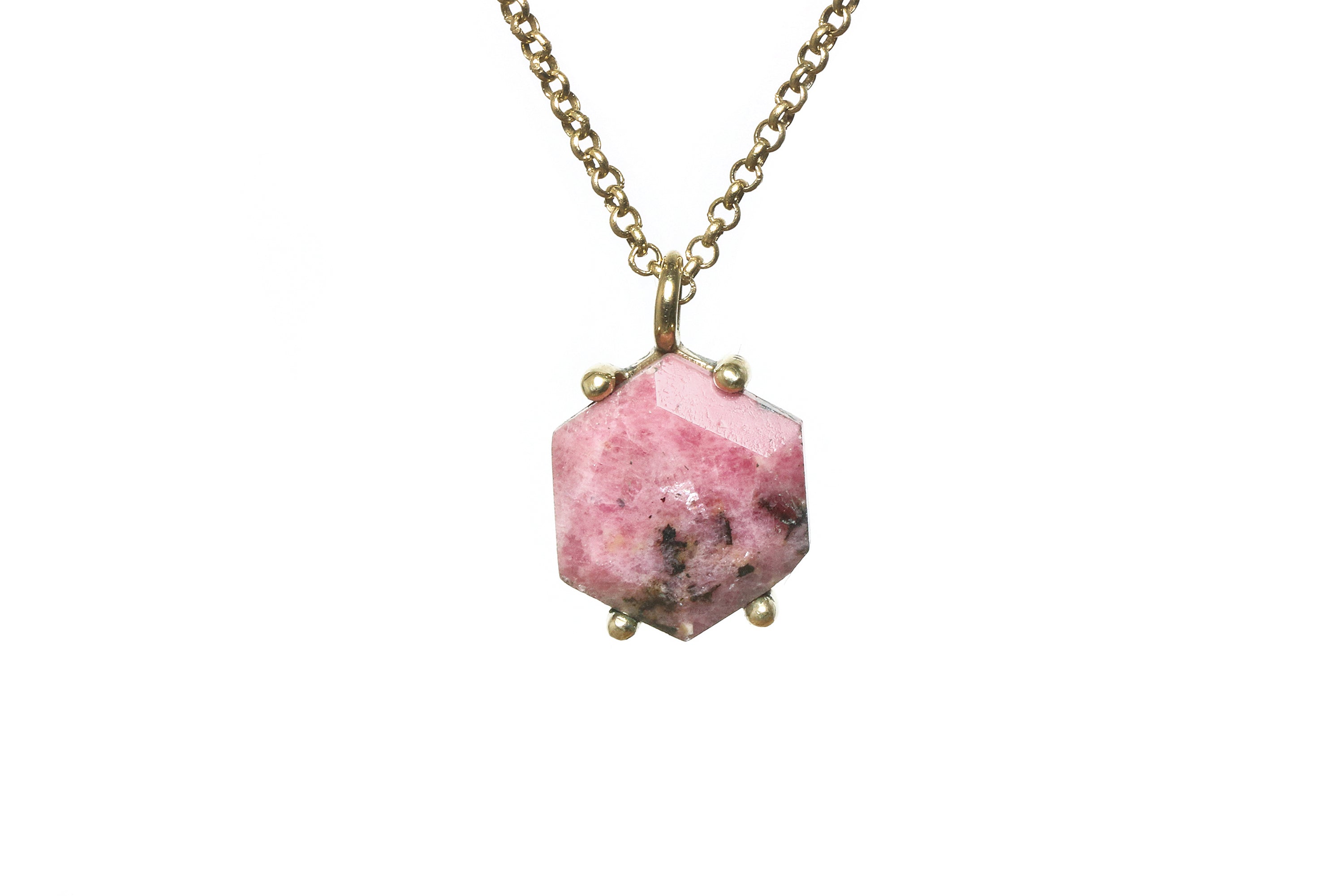 Alluring Hexagon Rhodonite Gold Necklace necklaces Anemone Unique