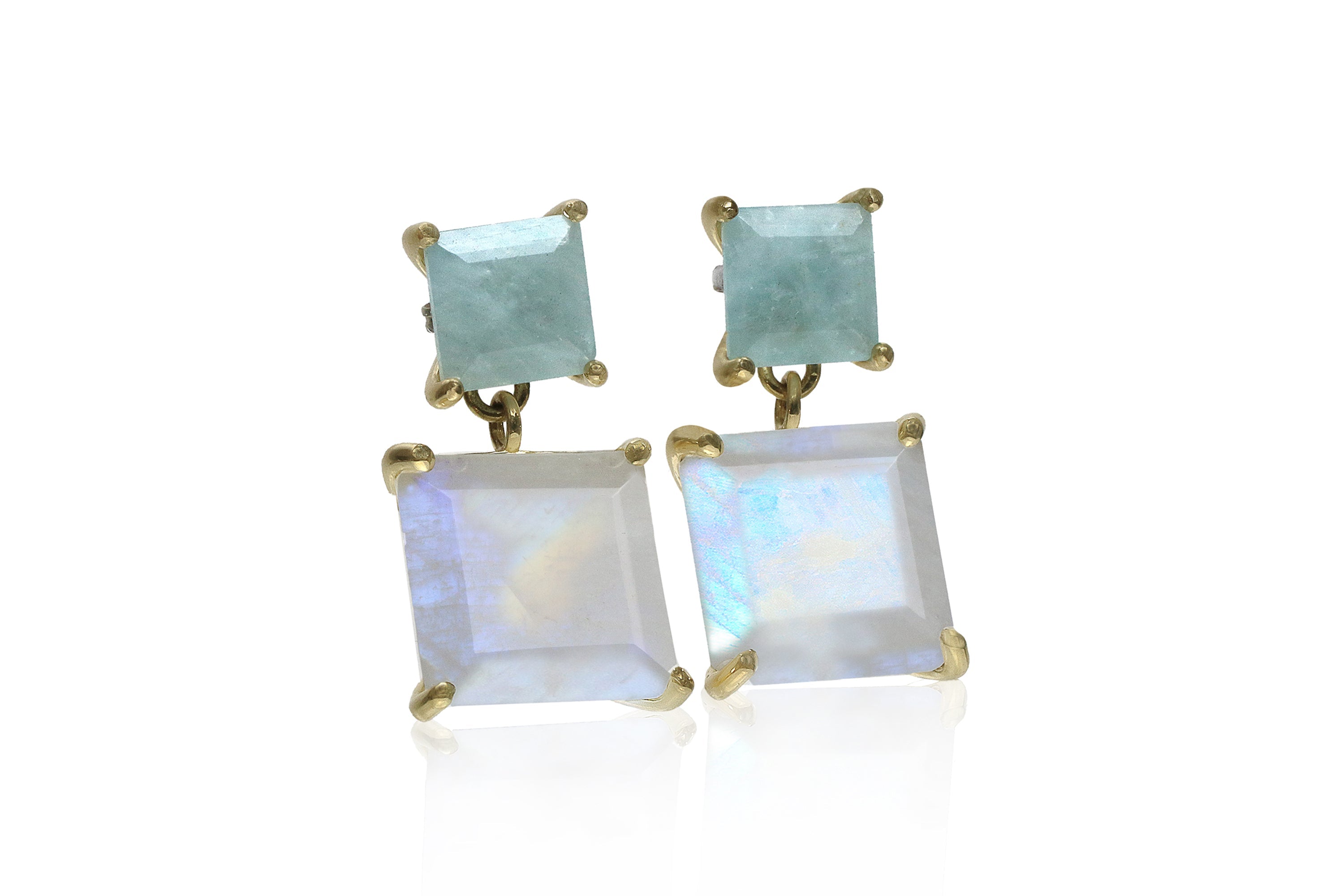 Square Dangle Moonstone and Aquamarine Gold Earrings Earrings Anemone Jewelry