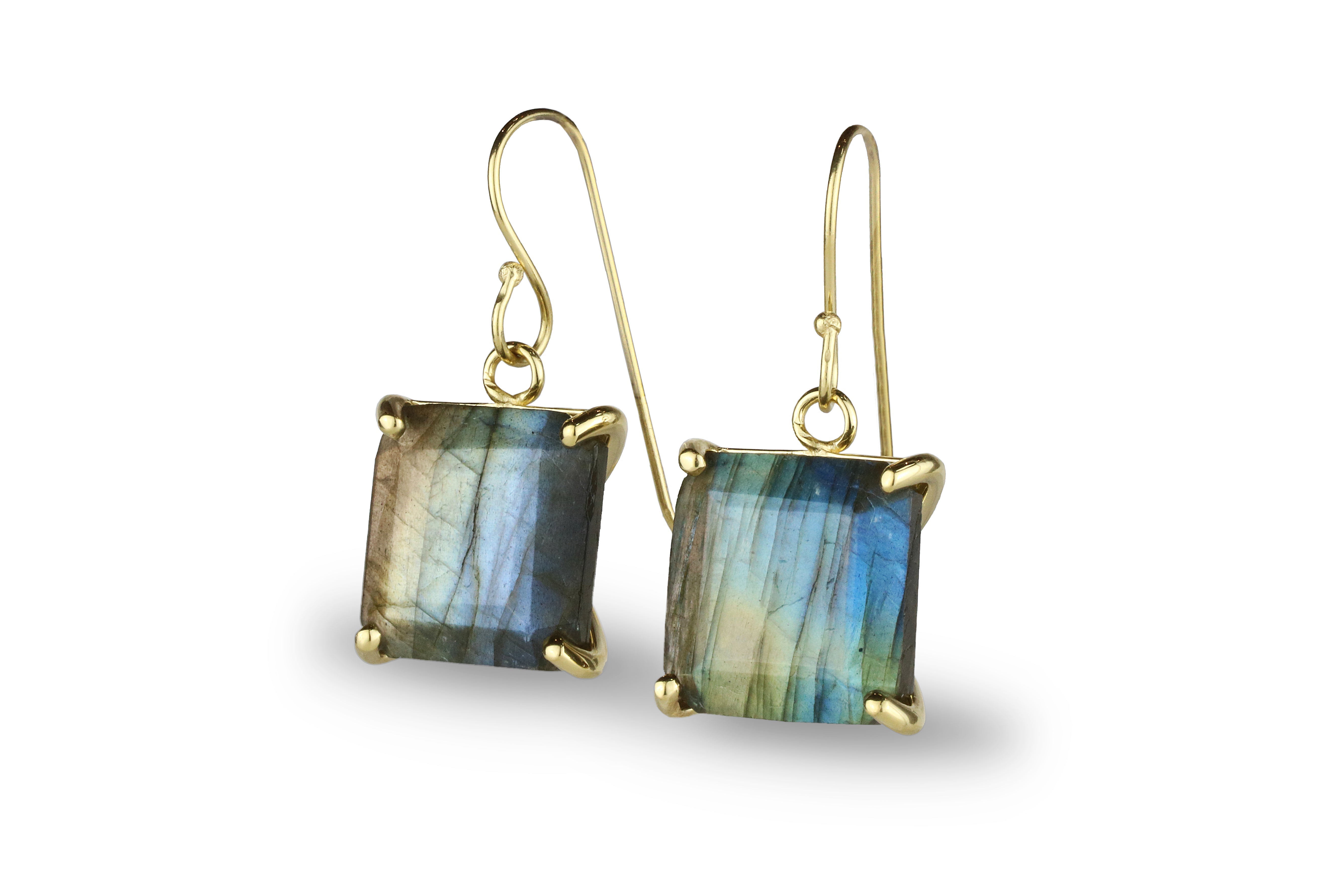 Square Stone Labradorite Gold Earrings Earrings Anemone Jewelry