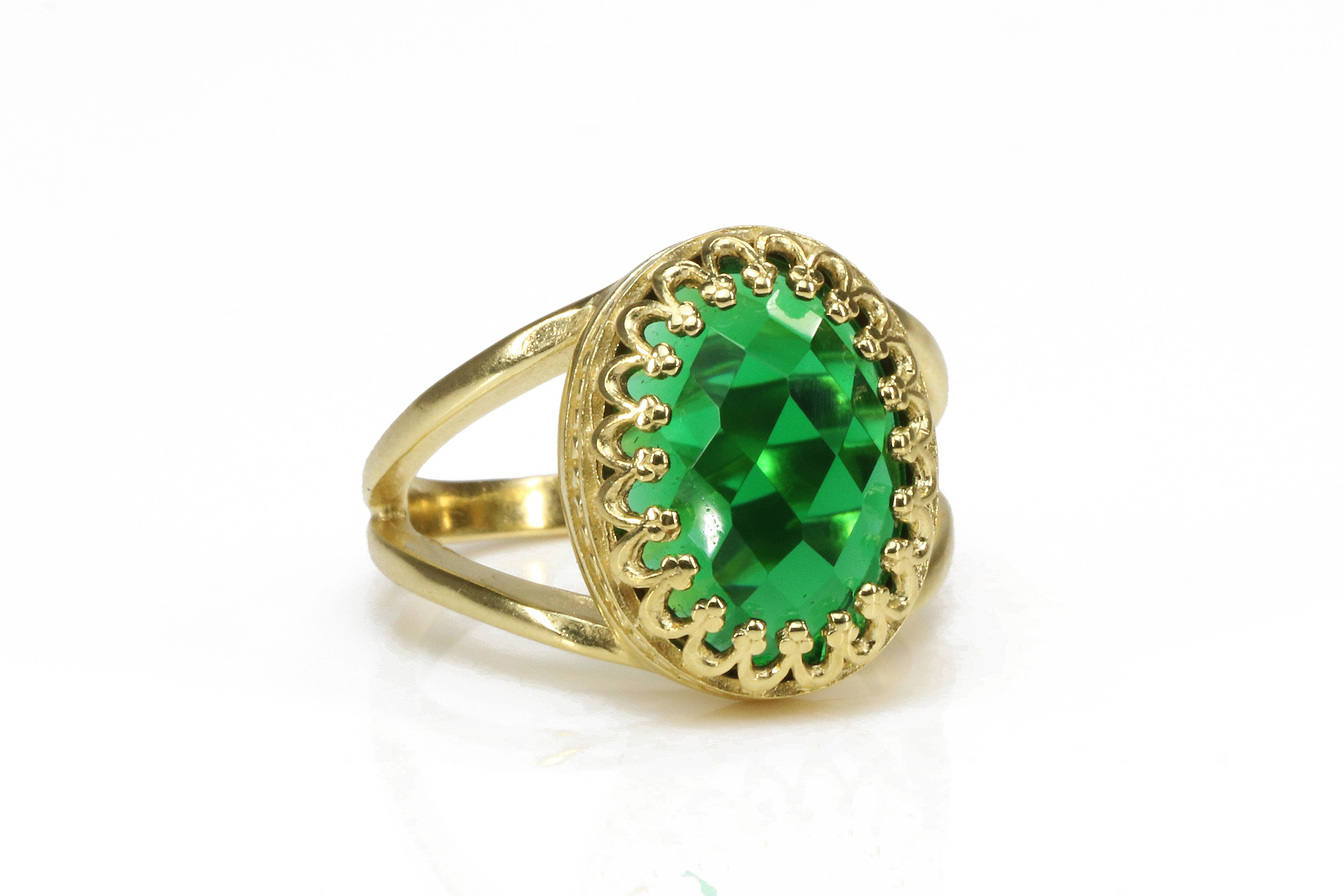 Vintage Inspired Large Oval Emerald Gold Ring Rings Anemone Jewelry