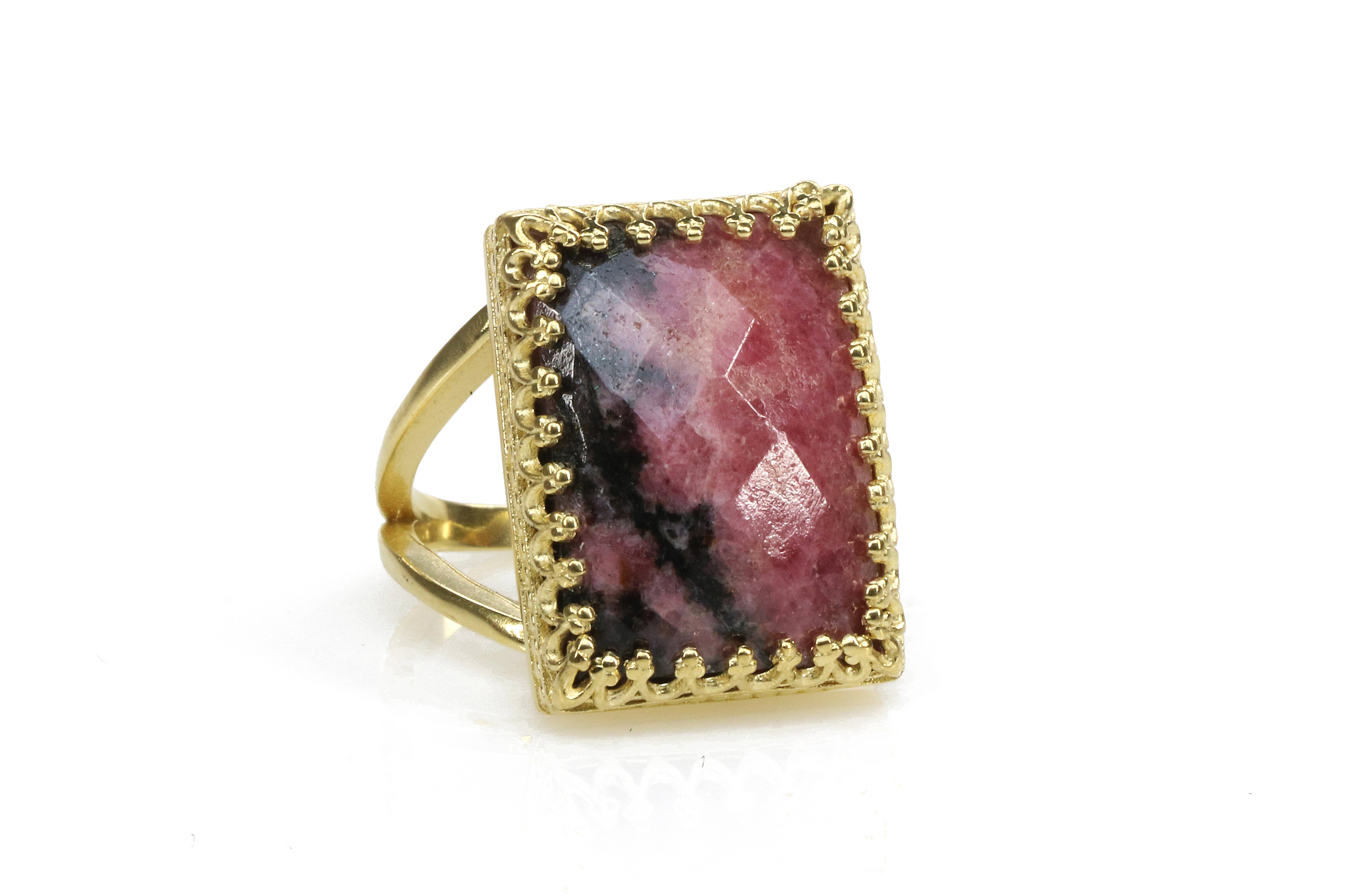 Statement Rectangle Cut Rhodonite 14k Gold Ring Rings Anemone Jewelry
