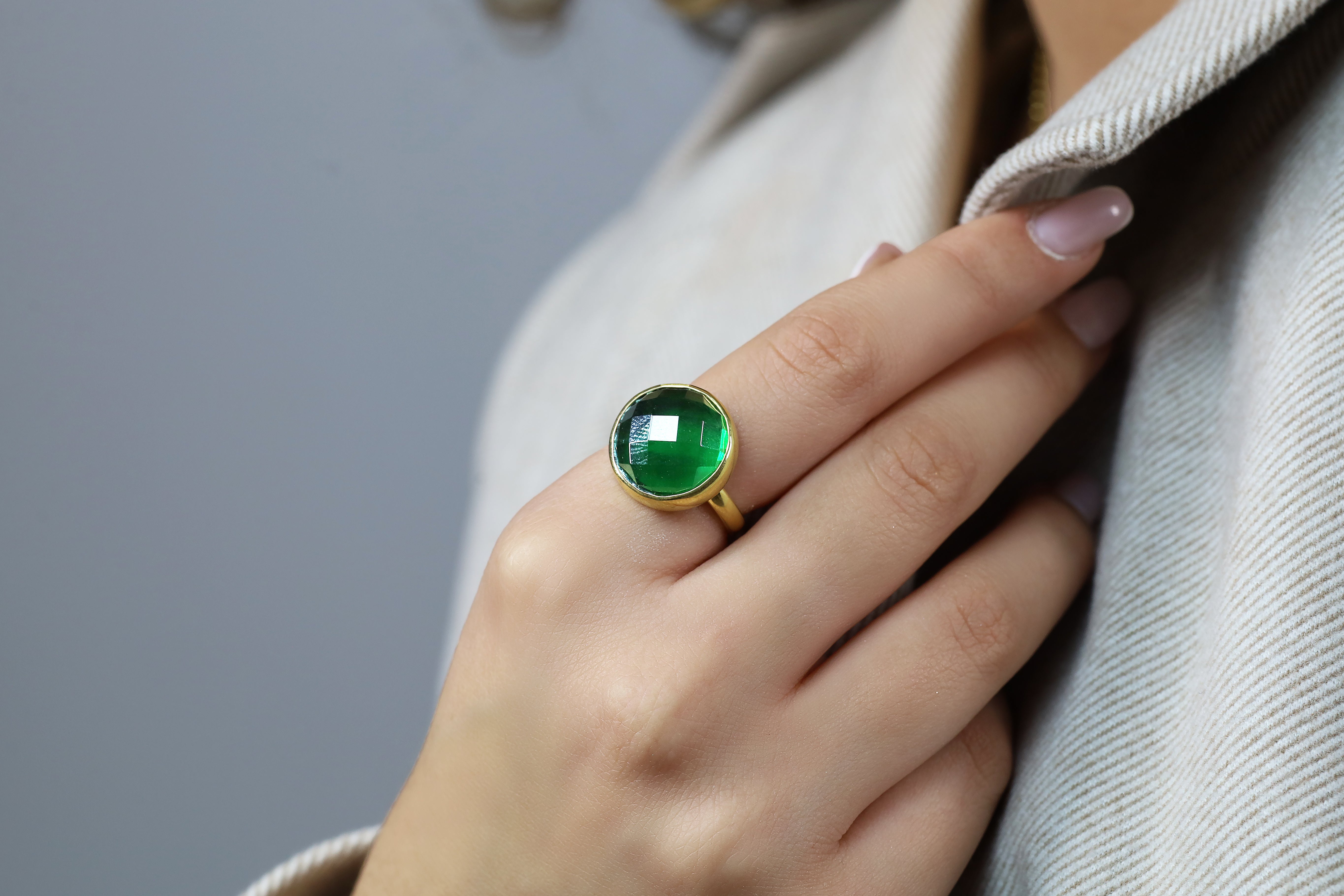 Big Statement Emerald Gemstone Gold Bezel Set Ring Rings Anemone Limited