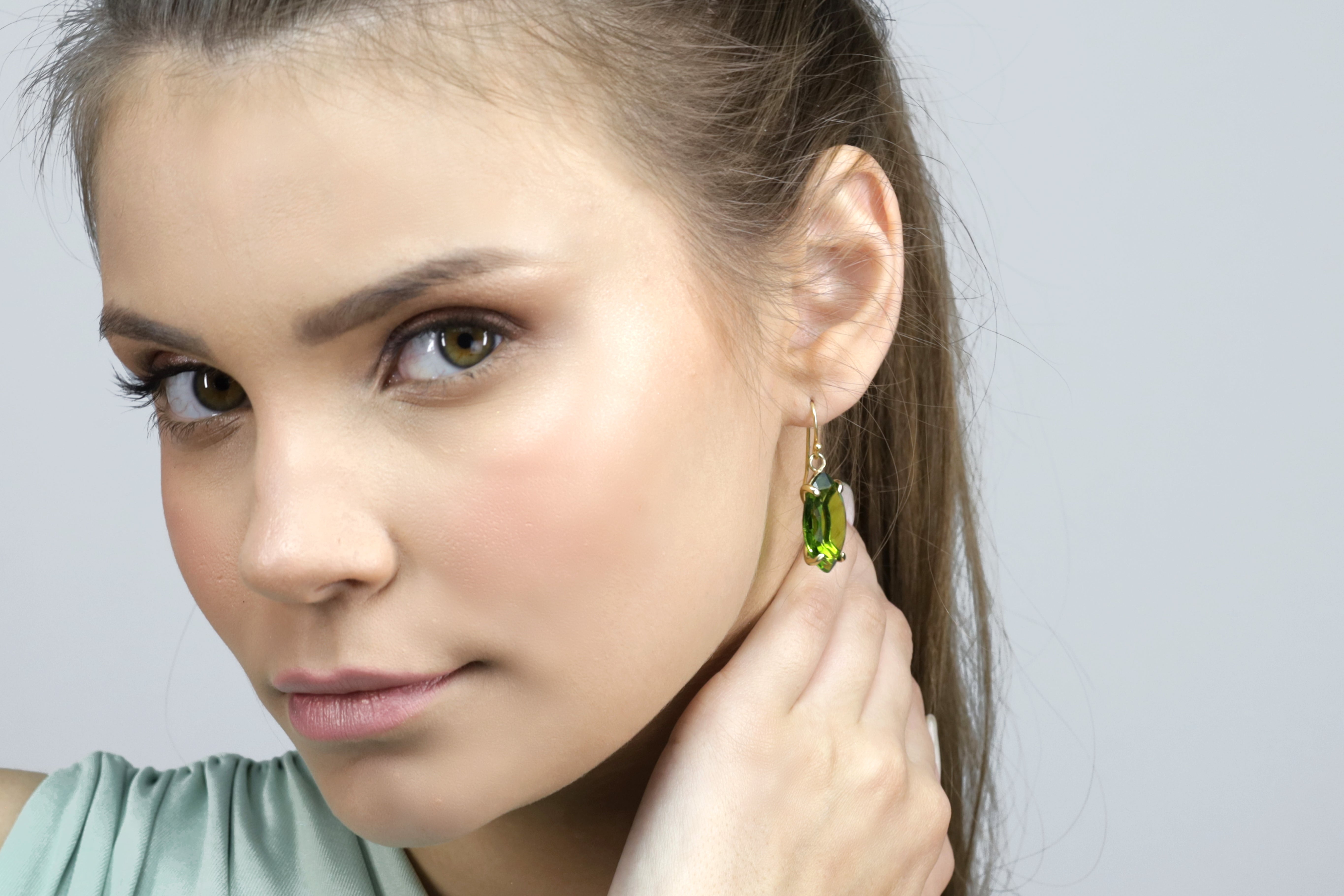 Long Marquise Cut Peridot Gold Dangle Earrings Earrings Anemone Jewelry