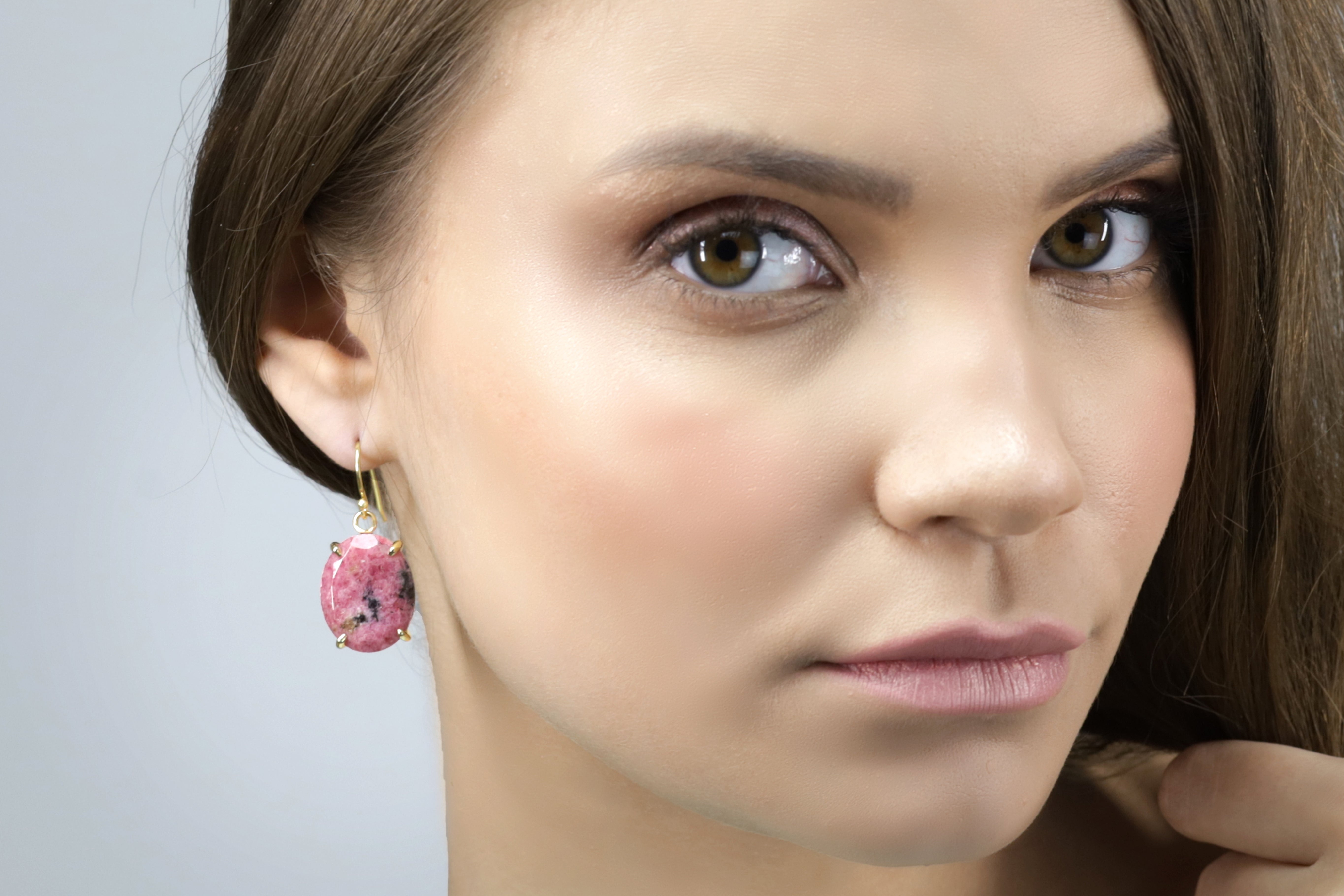 Fancy Gold Dangle Rhodonite Gemstone Earrings Earrings Anemone Jewelry