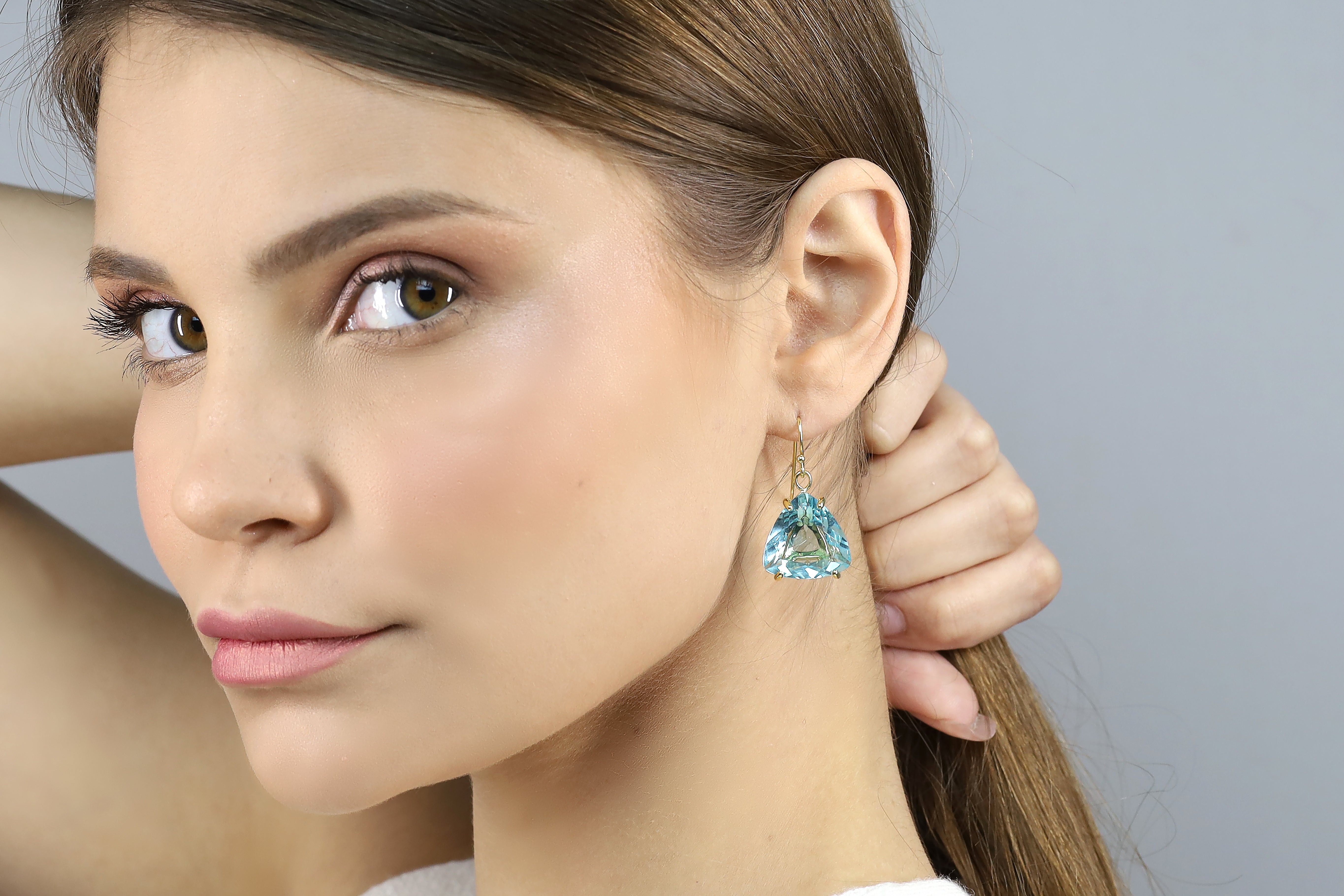 Long Blue Topaz Triangle Cut Gemstone Bridal Gold Earrings Earrings Anemone Jewelry