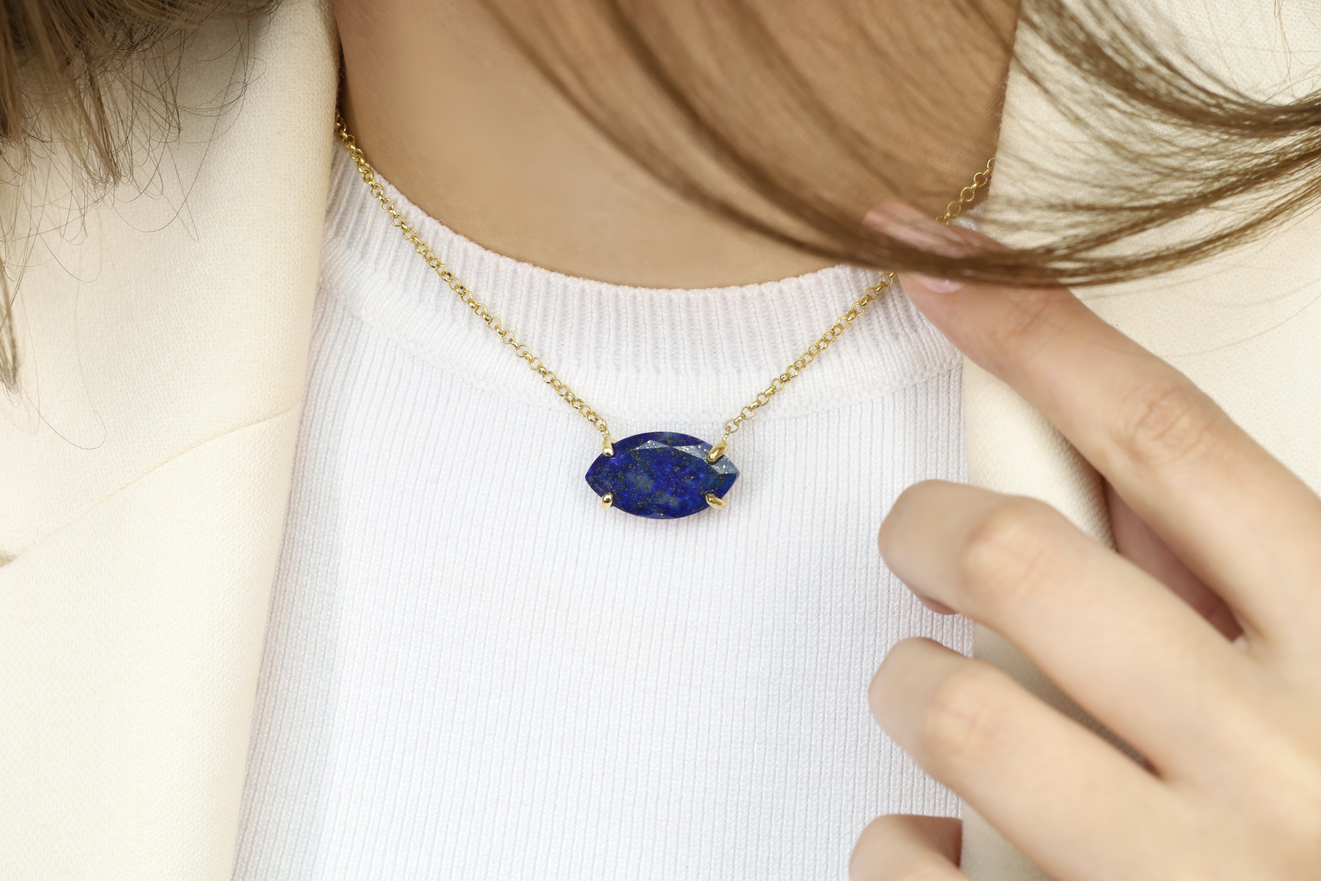 Horizontal Marquise Lapis Lazuli Gold Pendant Necklace necklaces Anemone Jewelry