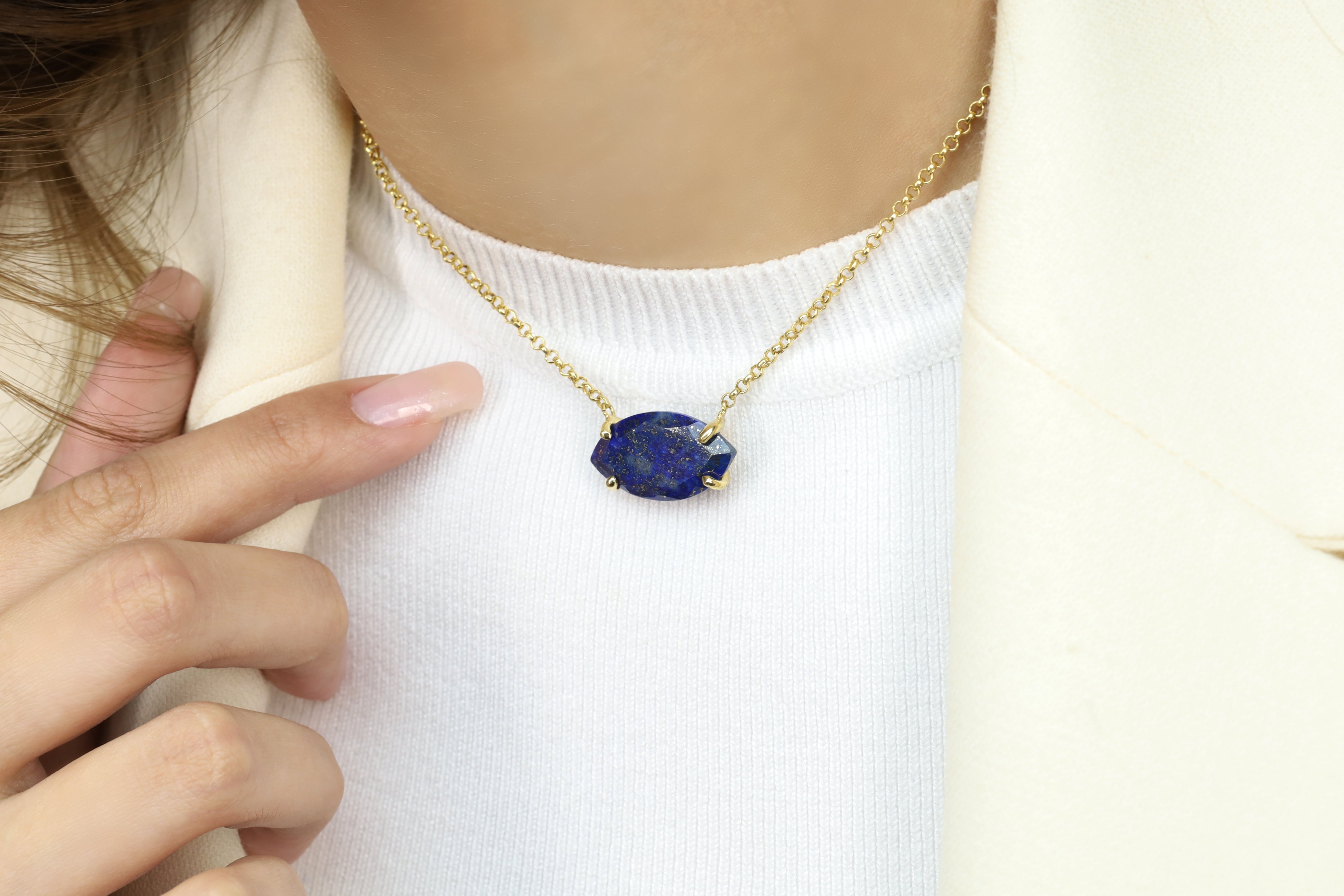 Horizontal Marquise Lapis Lazuli Gold Pendant Necklace necklaces Anemone Jewelry