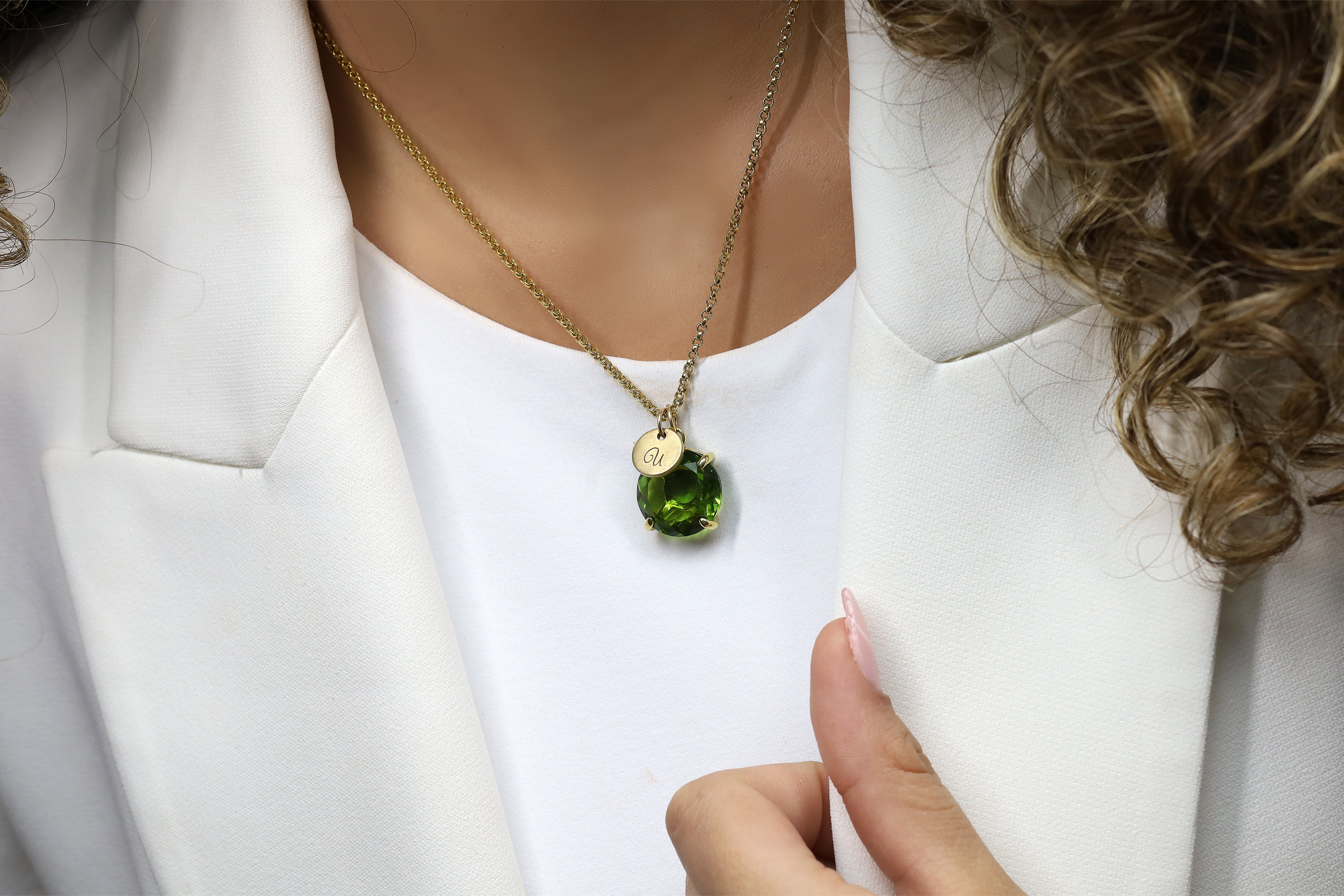 Engraved Initials Coin and Peridot Round Cut Gold Necklace necklaces Anemone Jewelry