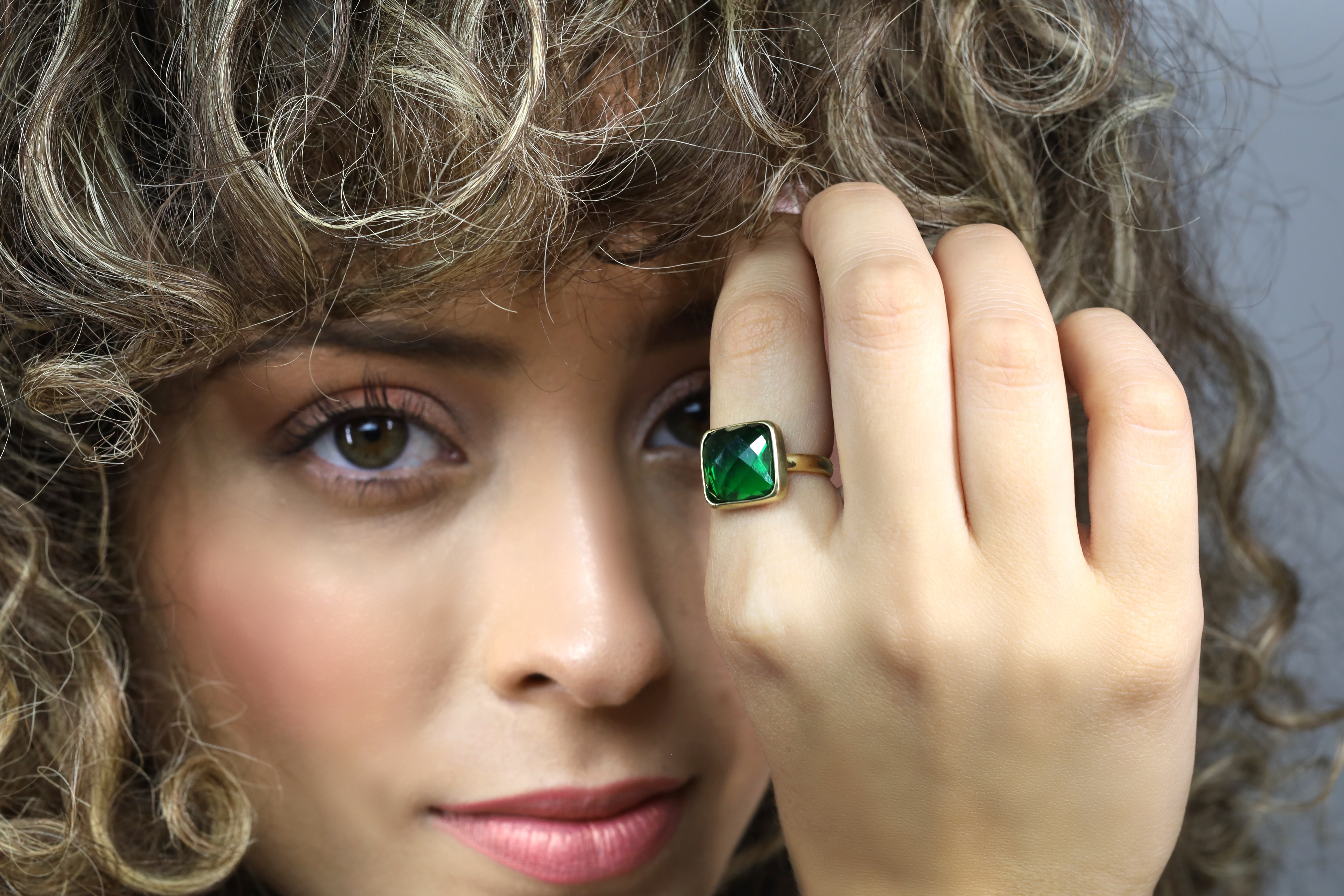 Square Cut Bezel Set Emerald Gemstone Gold Ring Rings Anemone Limited
