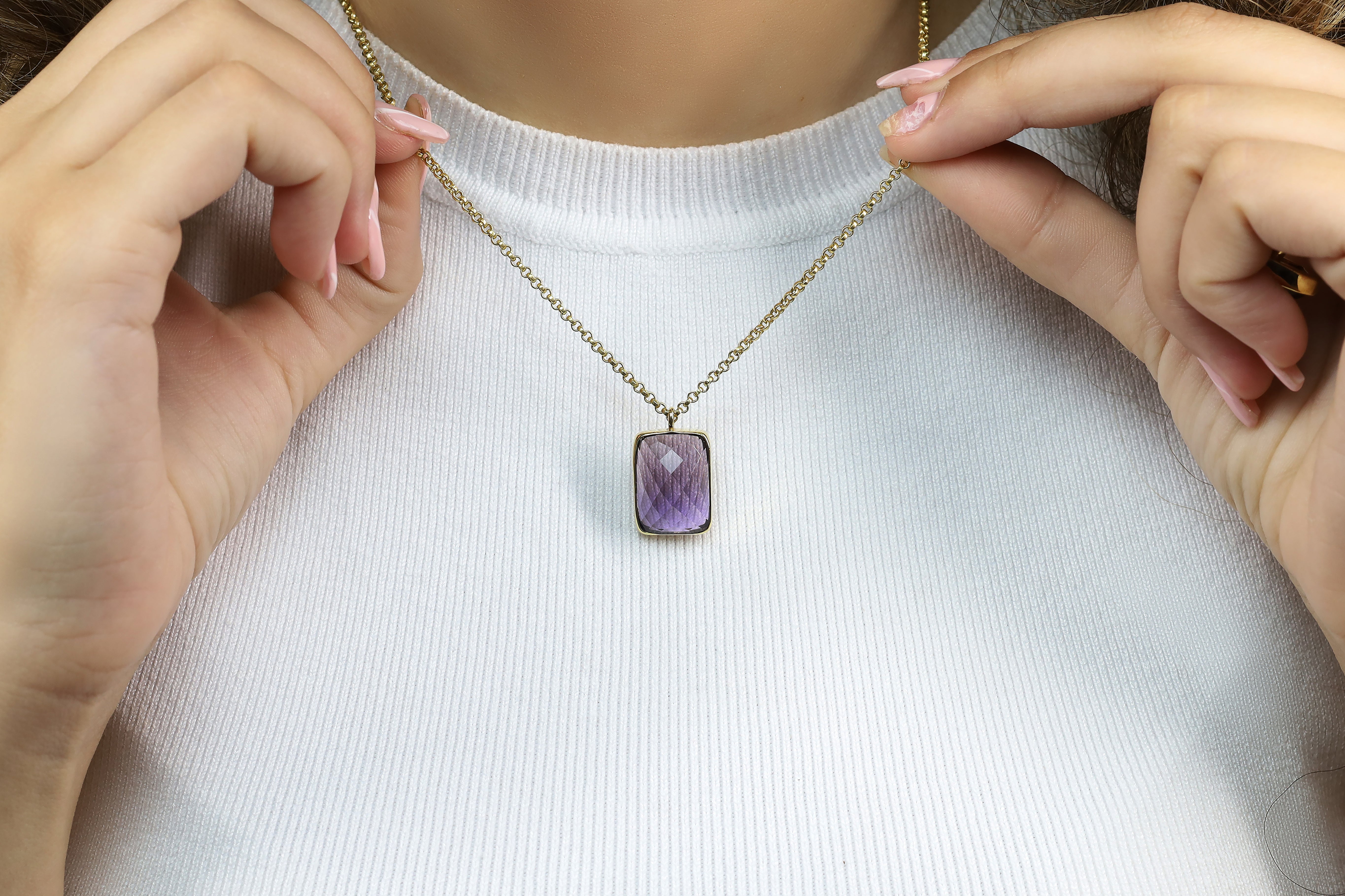 Gold Faceted Rectangle Purple Amethyst Pendant Necklace necklaces Anemone Limited