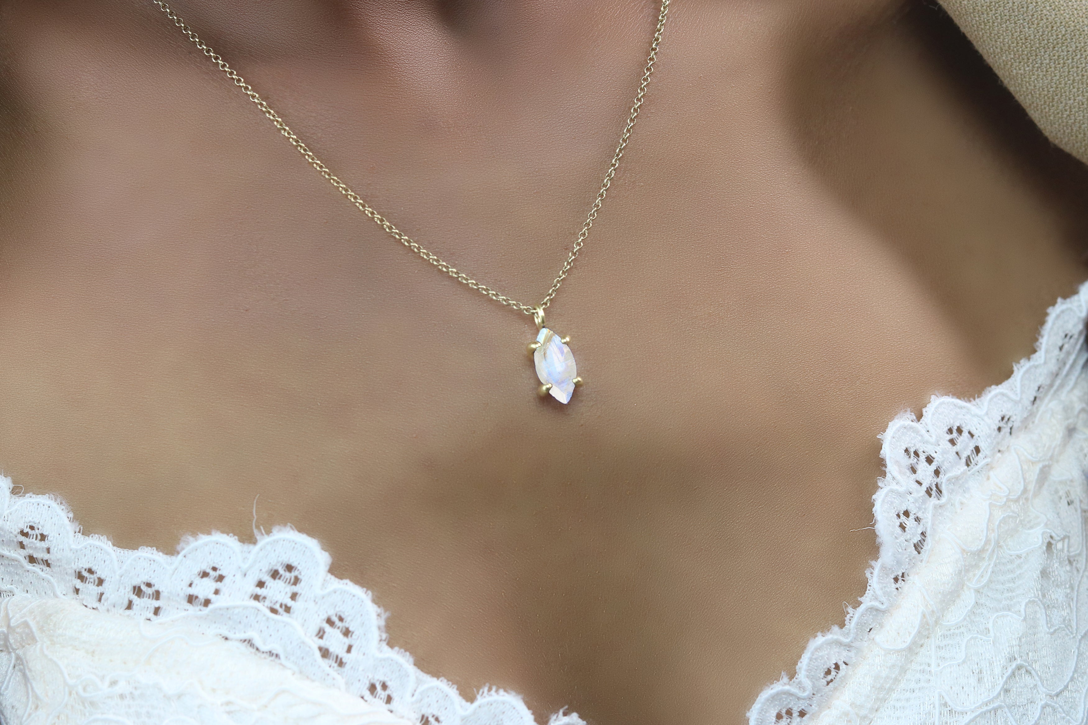 Gold Filled Rainbow Moonstone Marquise Pendant Necklace necklaces Anemone Unique