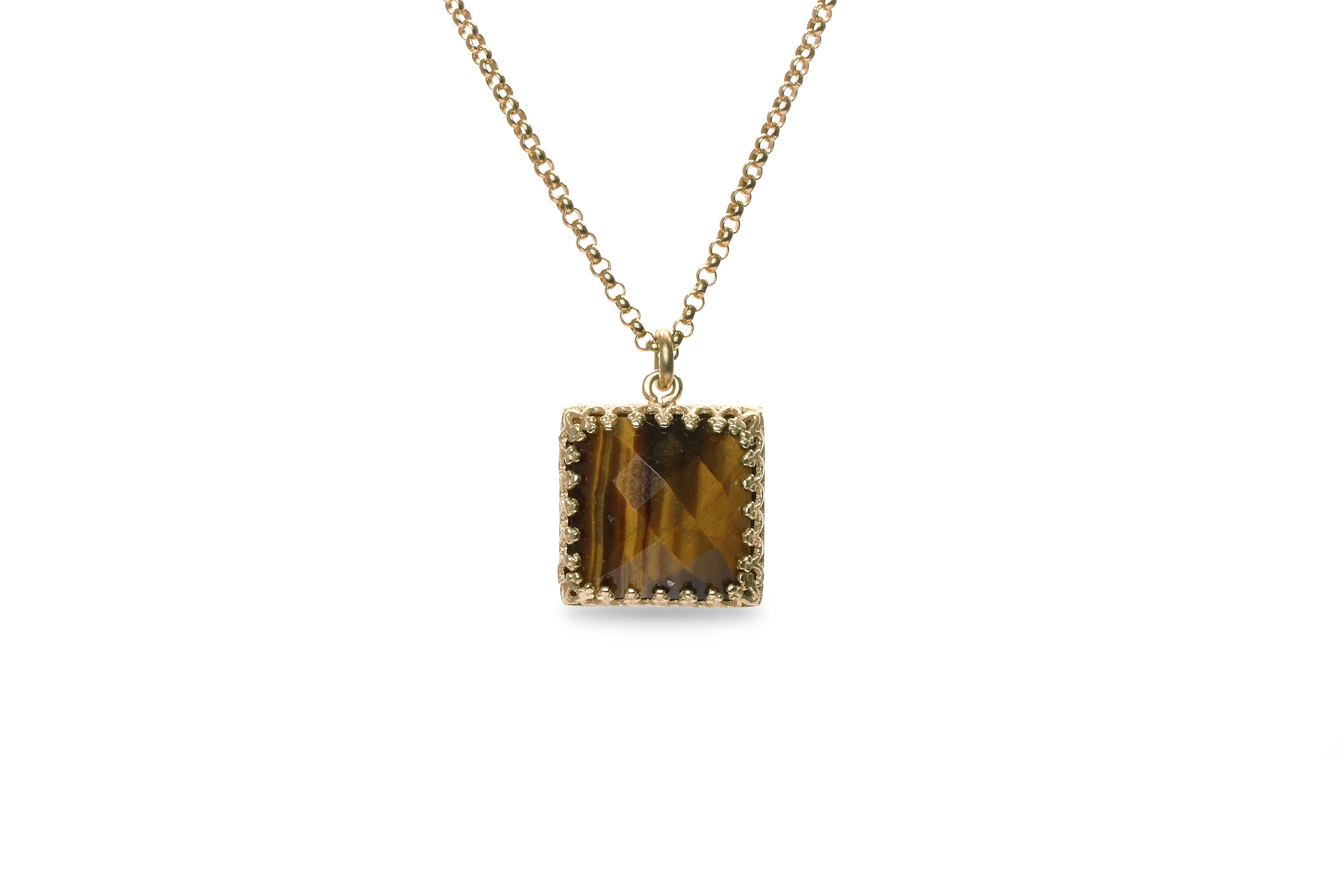 14k Gold Square Cut Tiger Eye Necklace necklaces Anemone Jewelry