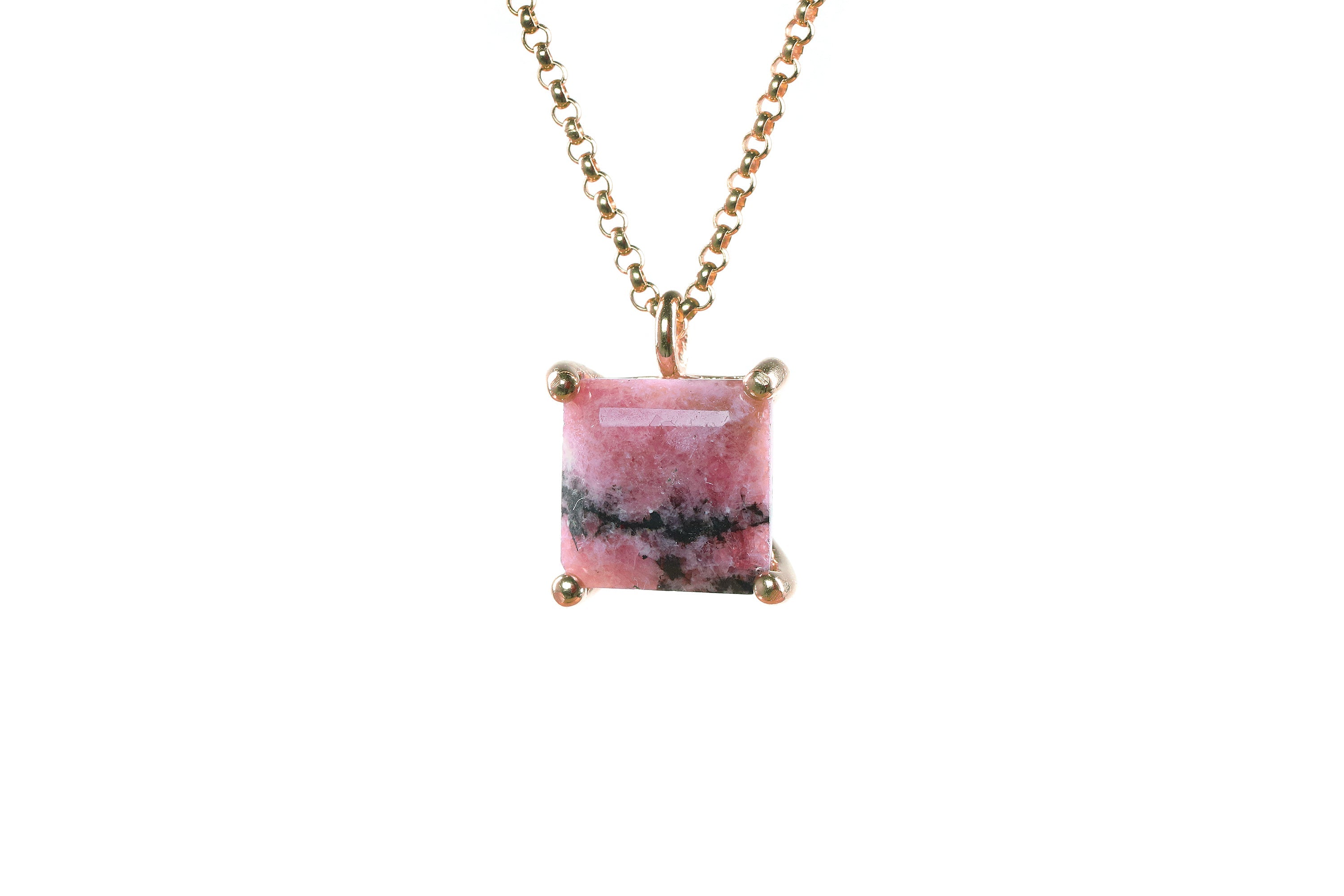 Square Rhodonite Pendant Necklace in Gold necklaces Anemone Unique