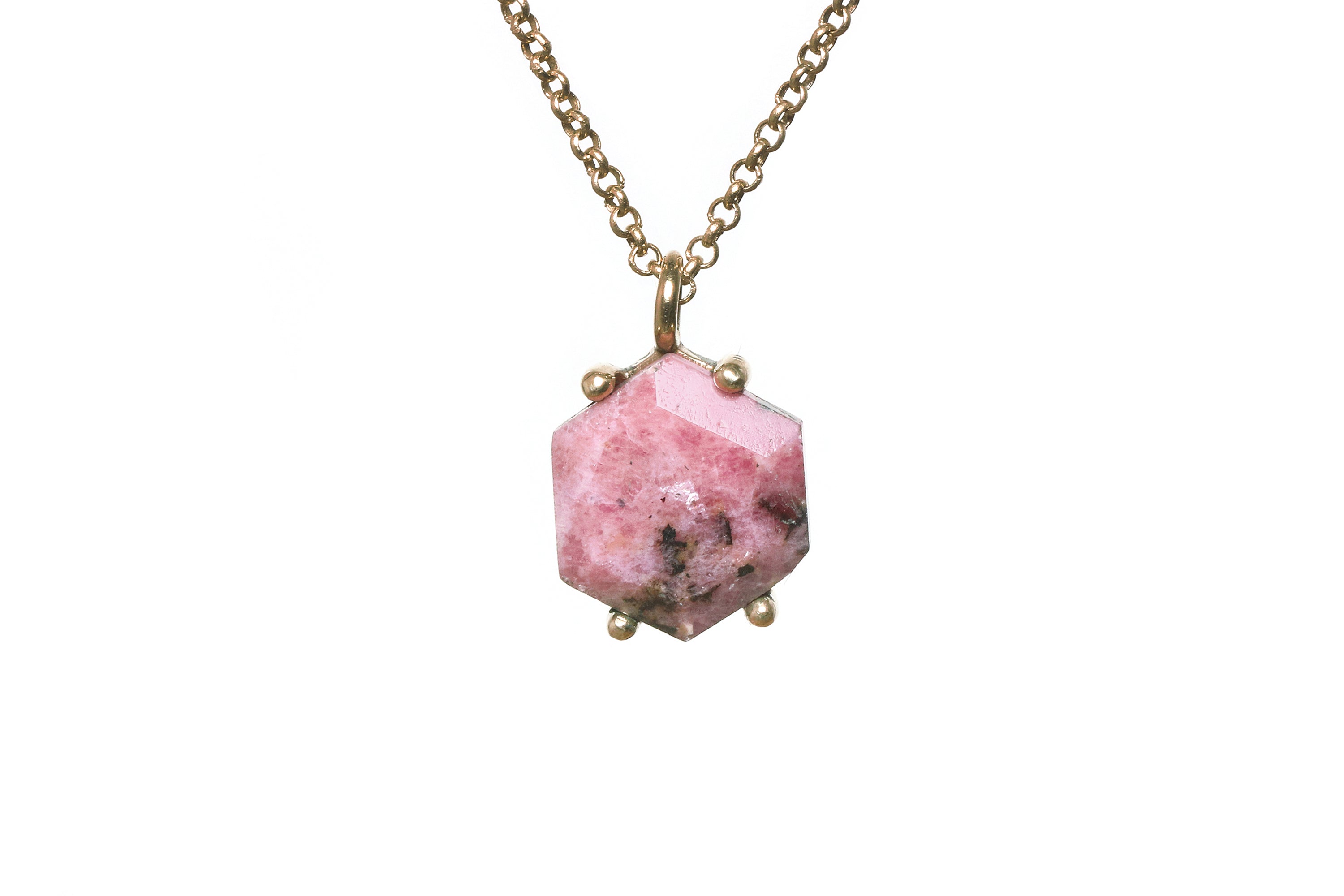 Alluring Hexagon Rhodonite Gold Necklace necklaces Anemone Unique