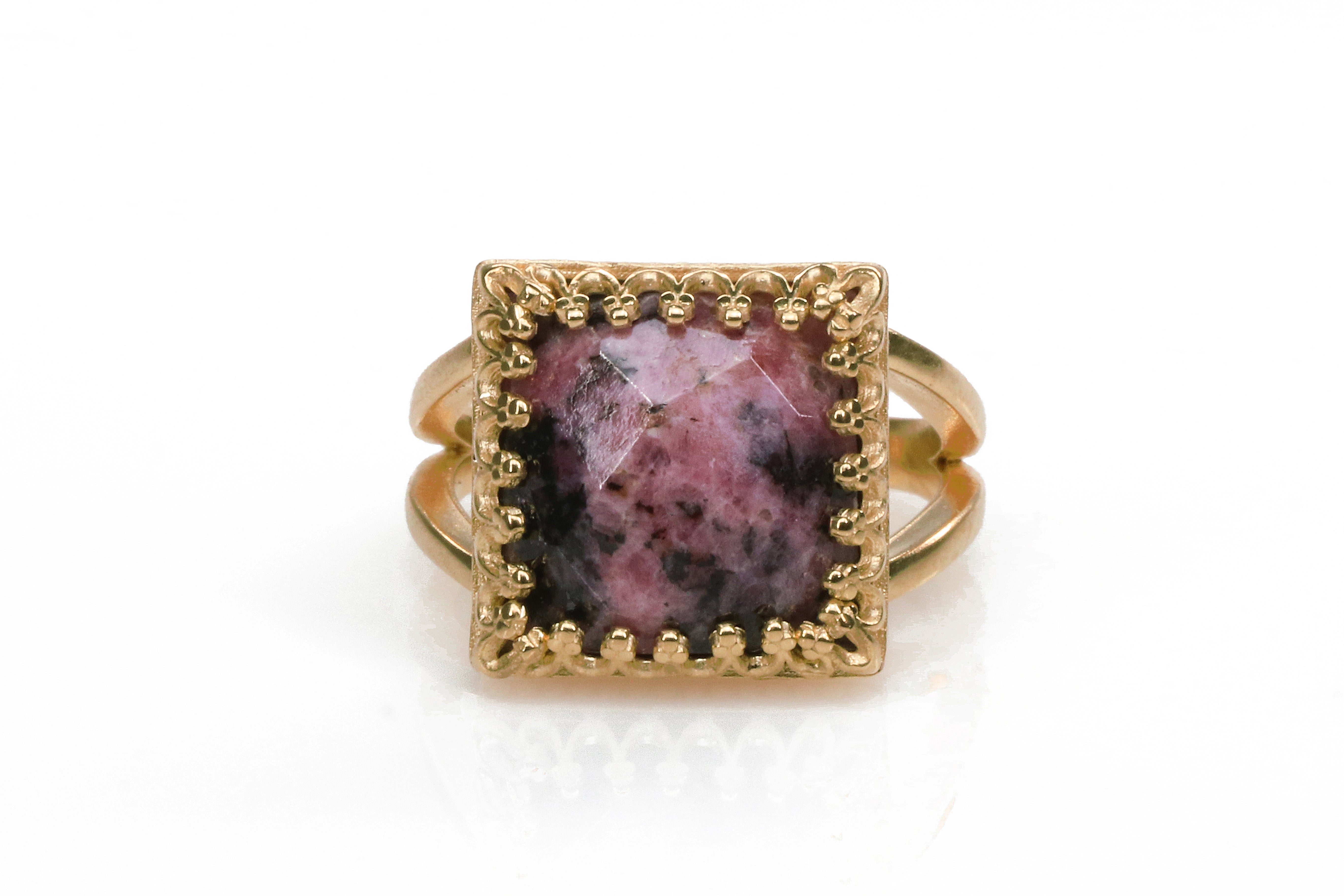14K Rose Gold-filled Square Rhodonite Ring Rings Anemone Jewelry