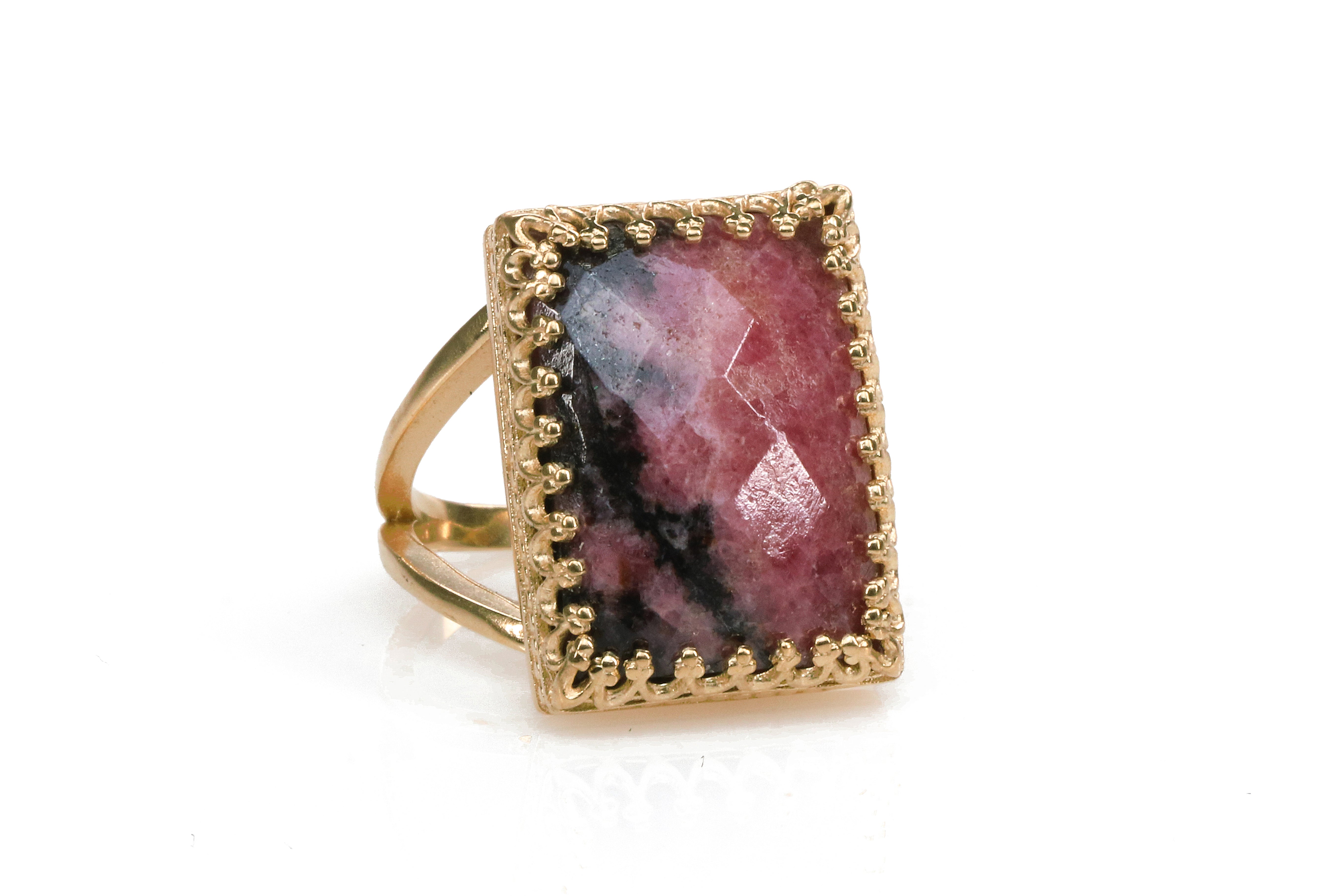 Statement Rectangle Cut Rhodonite 14k Gold Ring Rings Anemone Jewelry