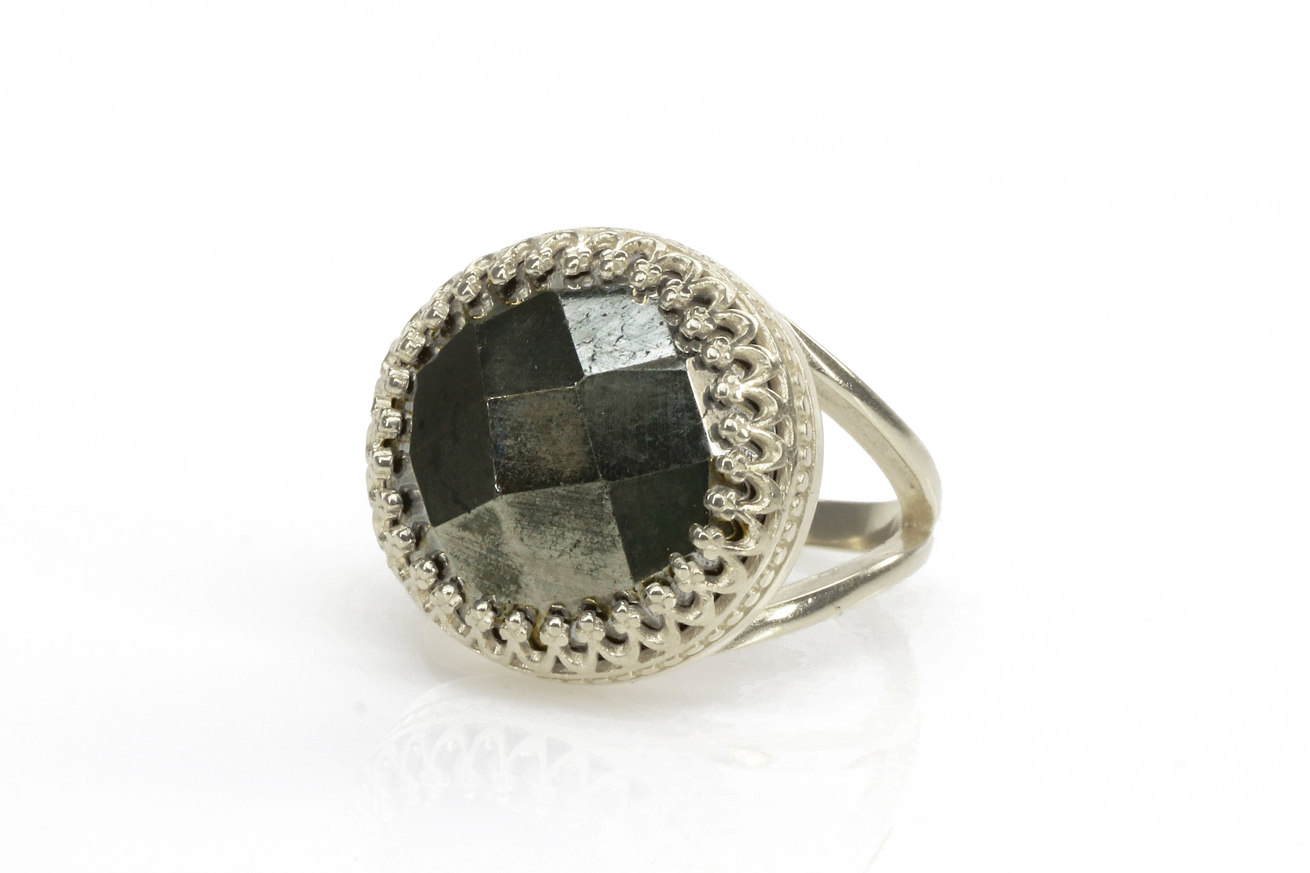 Large Pyrite Ring in Silver Prong Setting Rings Anemone Jewelry