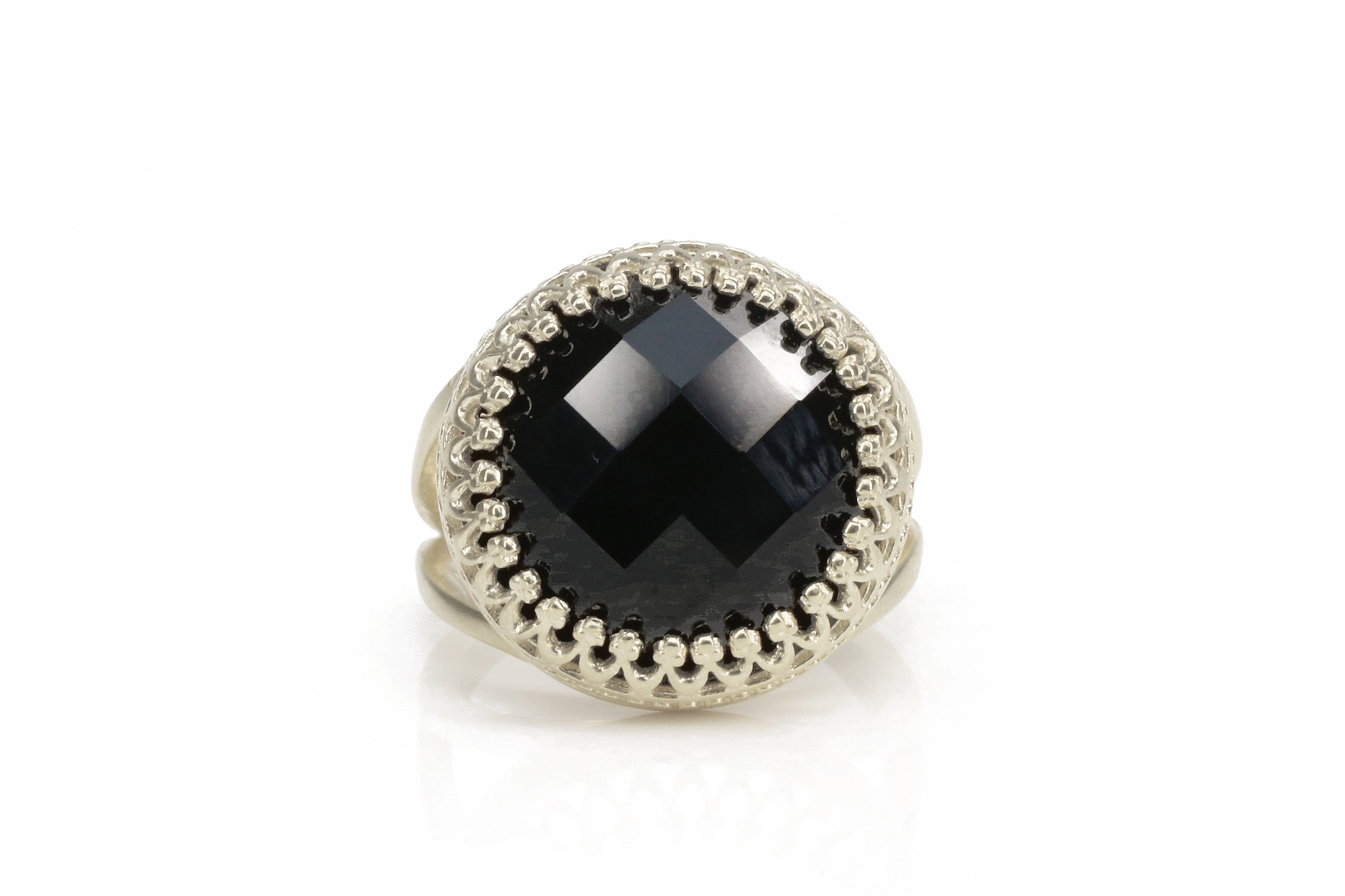 Faceted Round Black Onyx Ring in 925 Sterling Silver Rings Anemone Jewelry