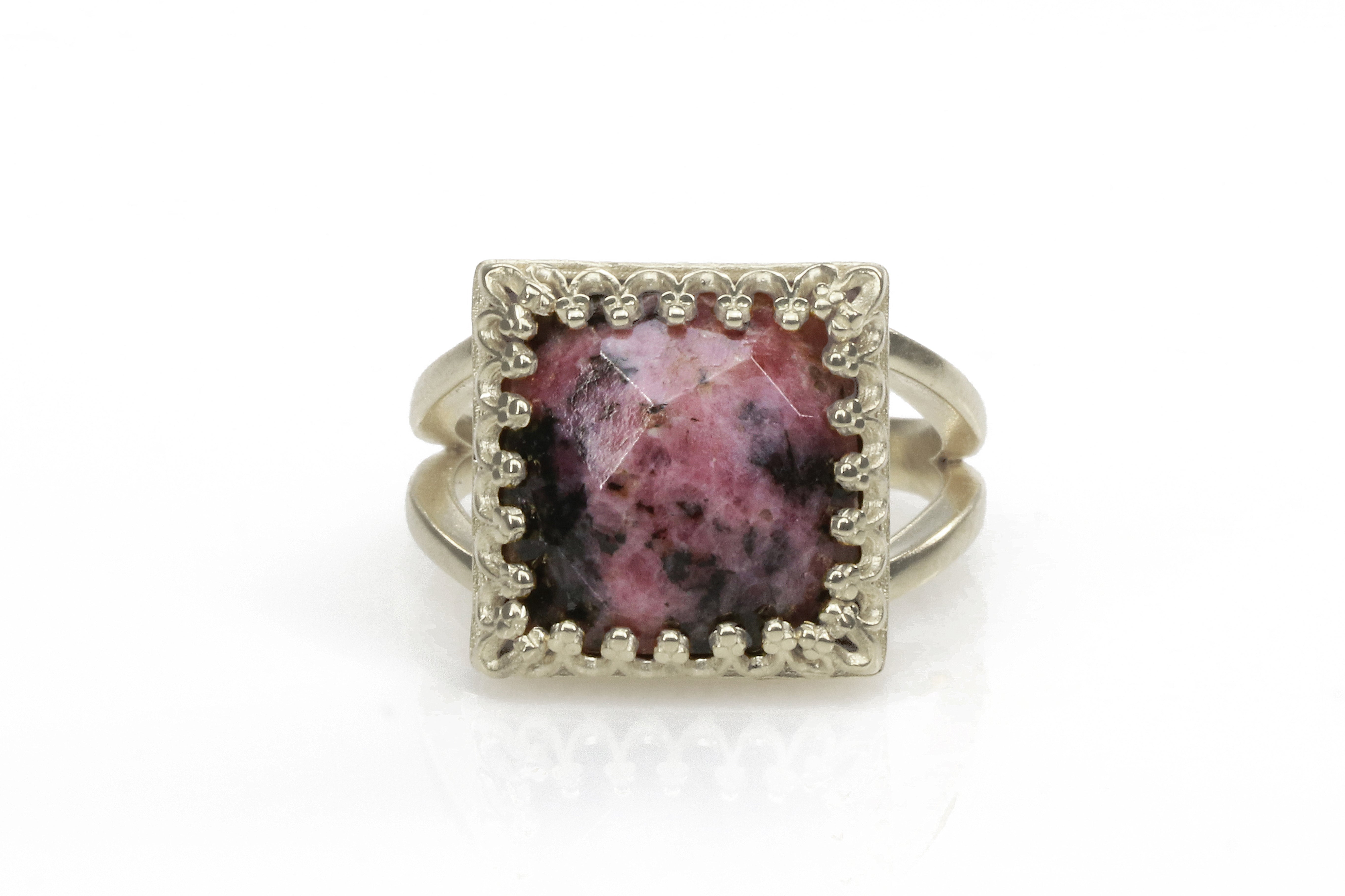 12x12mm Square Cut Red Rhodonite in Silver Rings Anemone Jewelry