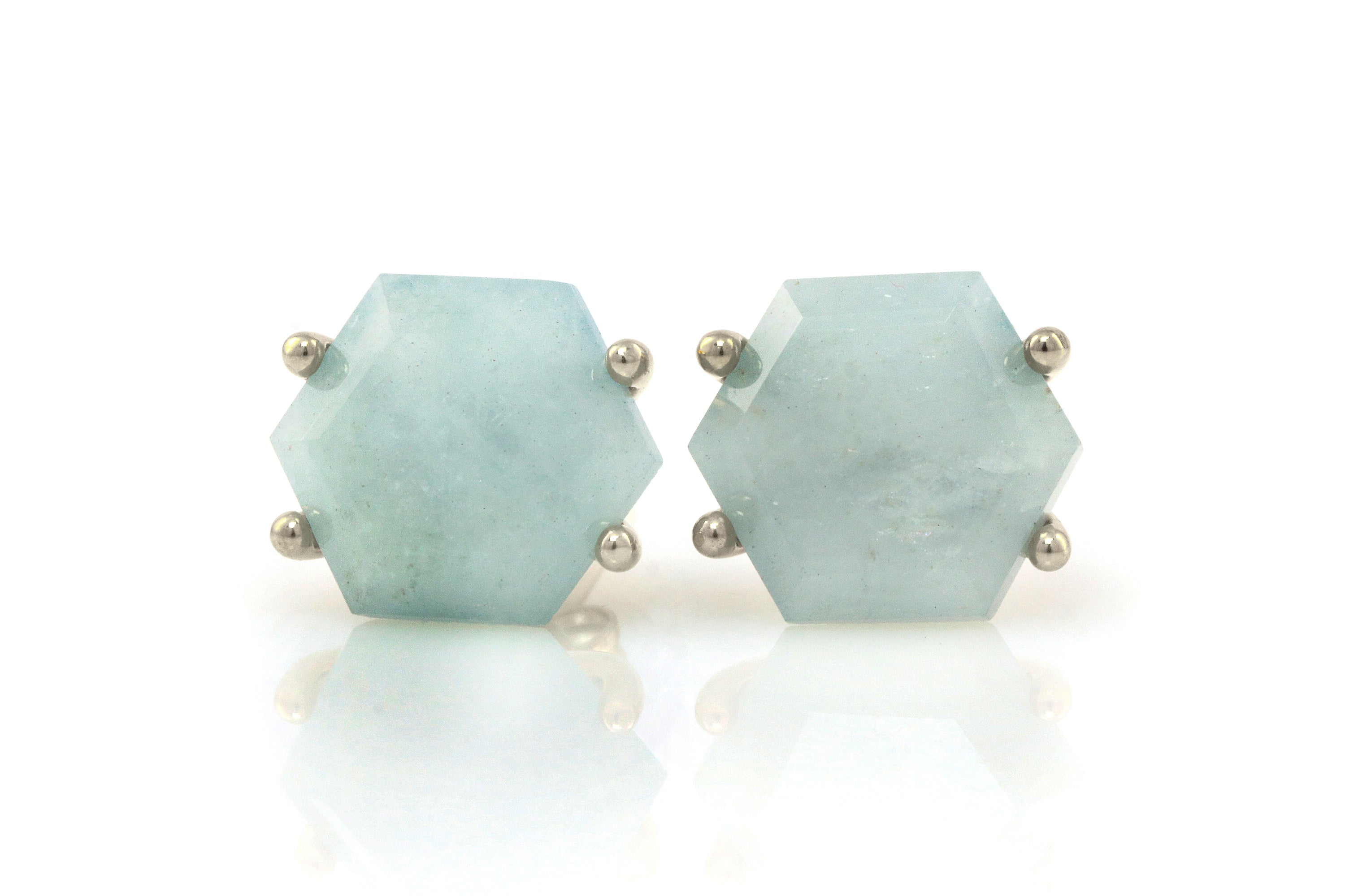 Hexagon Aquamarine Stud Earrings in Silver Earrings Anemone Unique