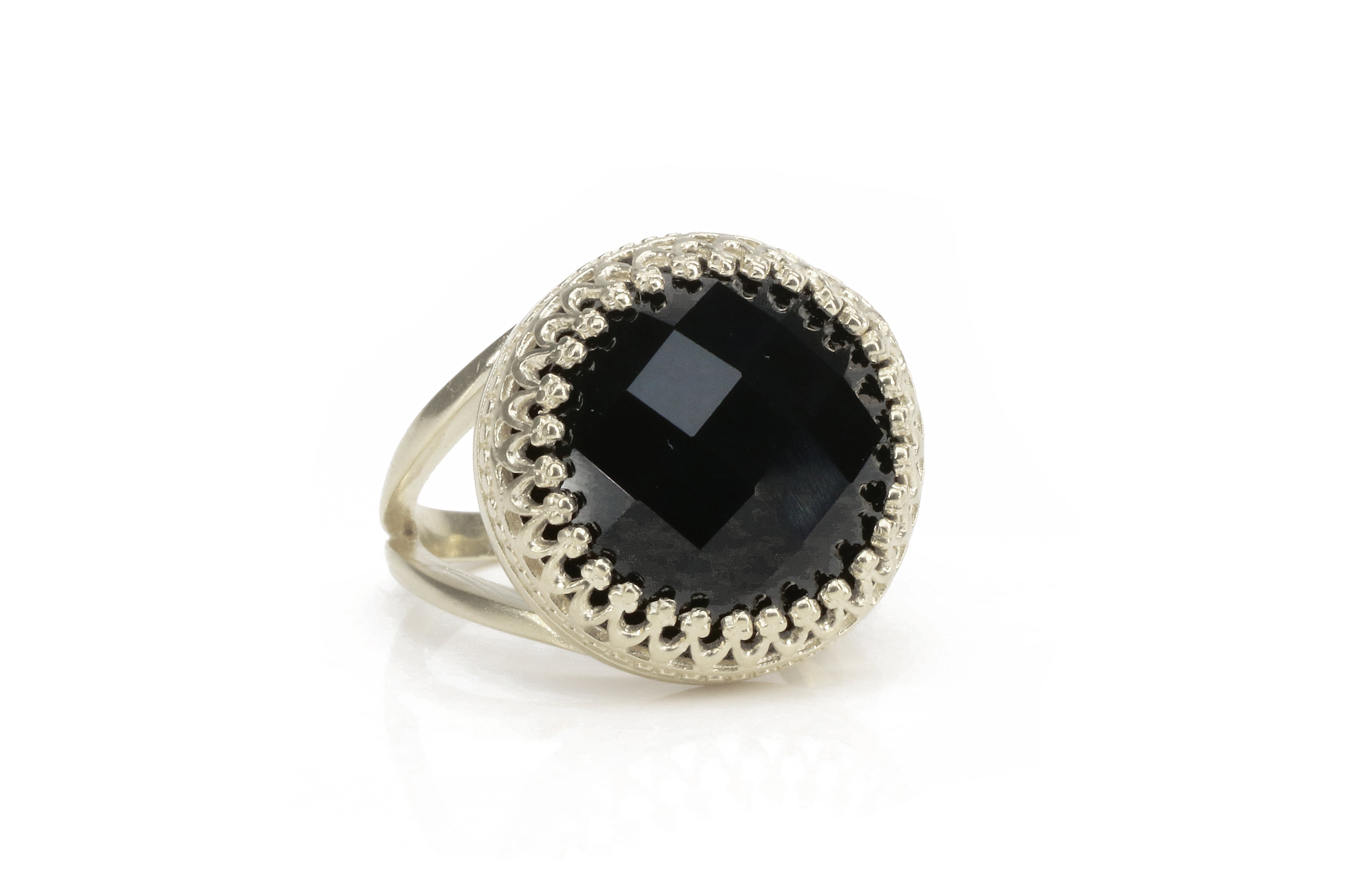 Faceted Round Black Onyx Ring in 925 Sterling Silver Rings Anemone Jewelry
