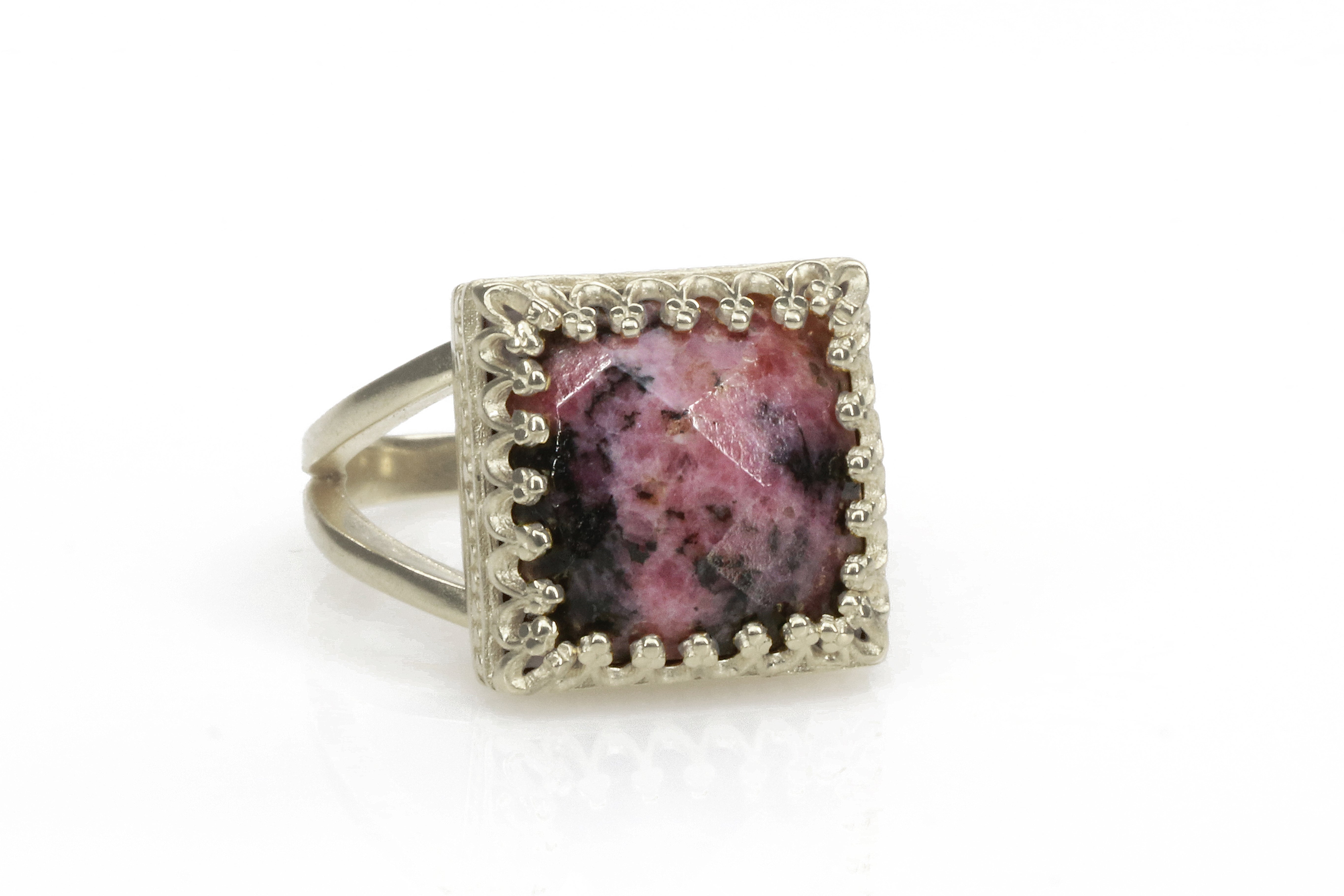 12x12mm Square Cut Red Rhodonite in Silver Rings Anemone Jewelry