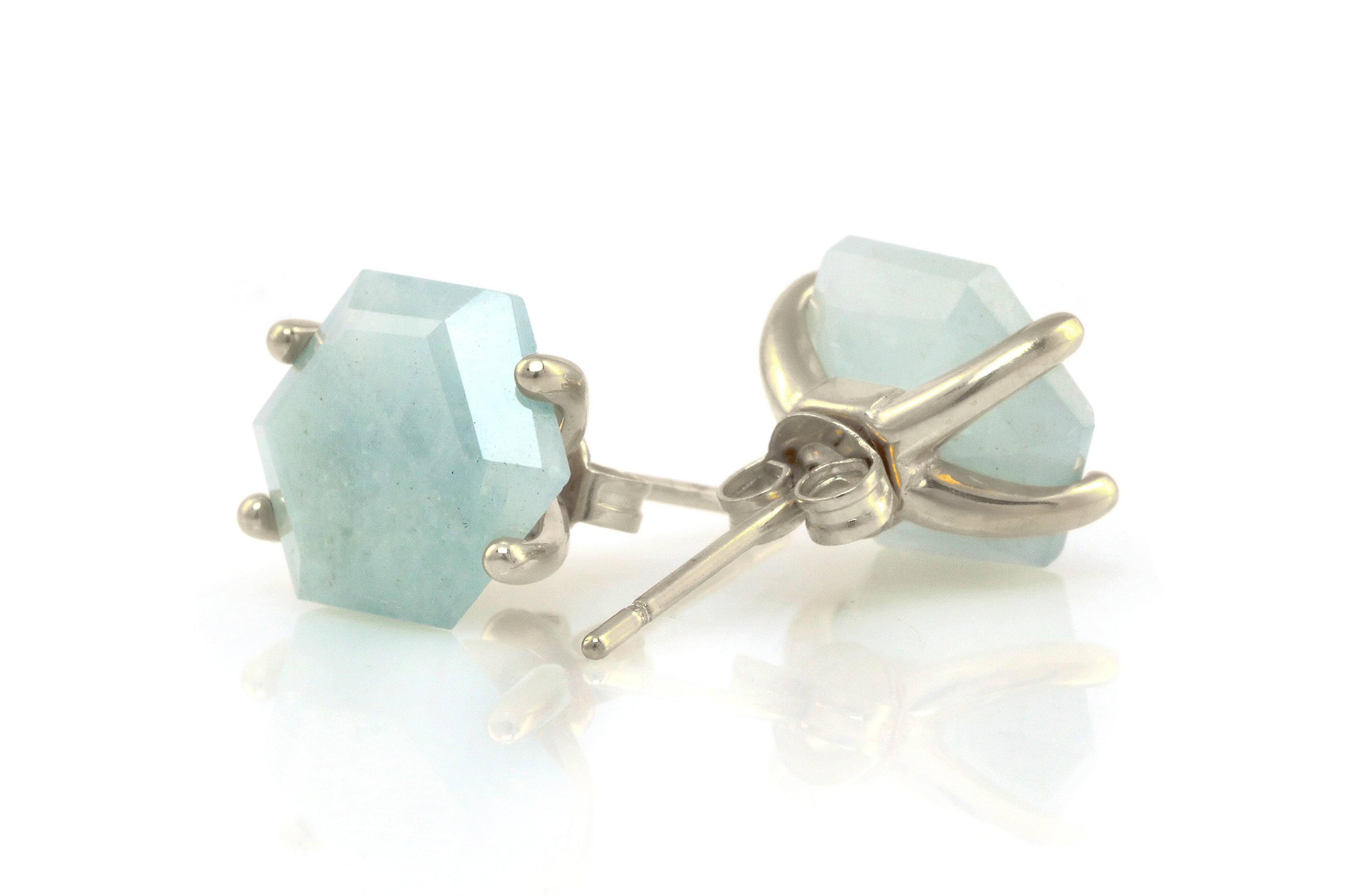 Hexagon Aquamarine Stud Earrings in Silver Earrings Anemone Unique