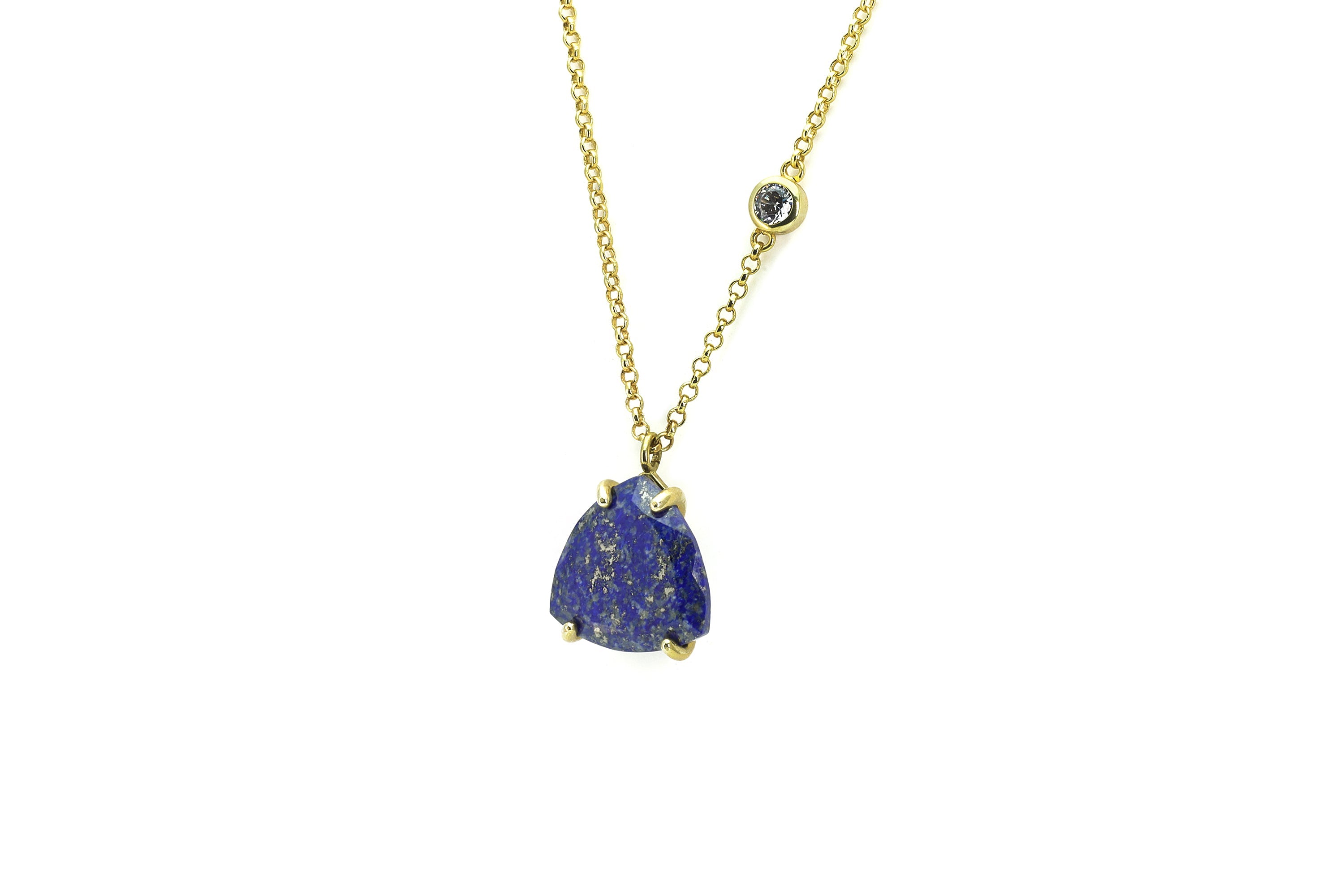 Long Gold Lapis Lazuli Trillion Pendant with Cubic Zirconia Accent necklaces Anemone Jewelry