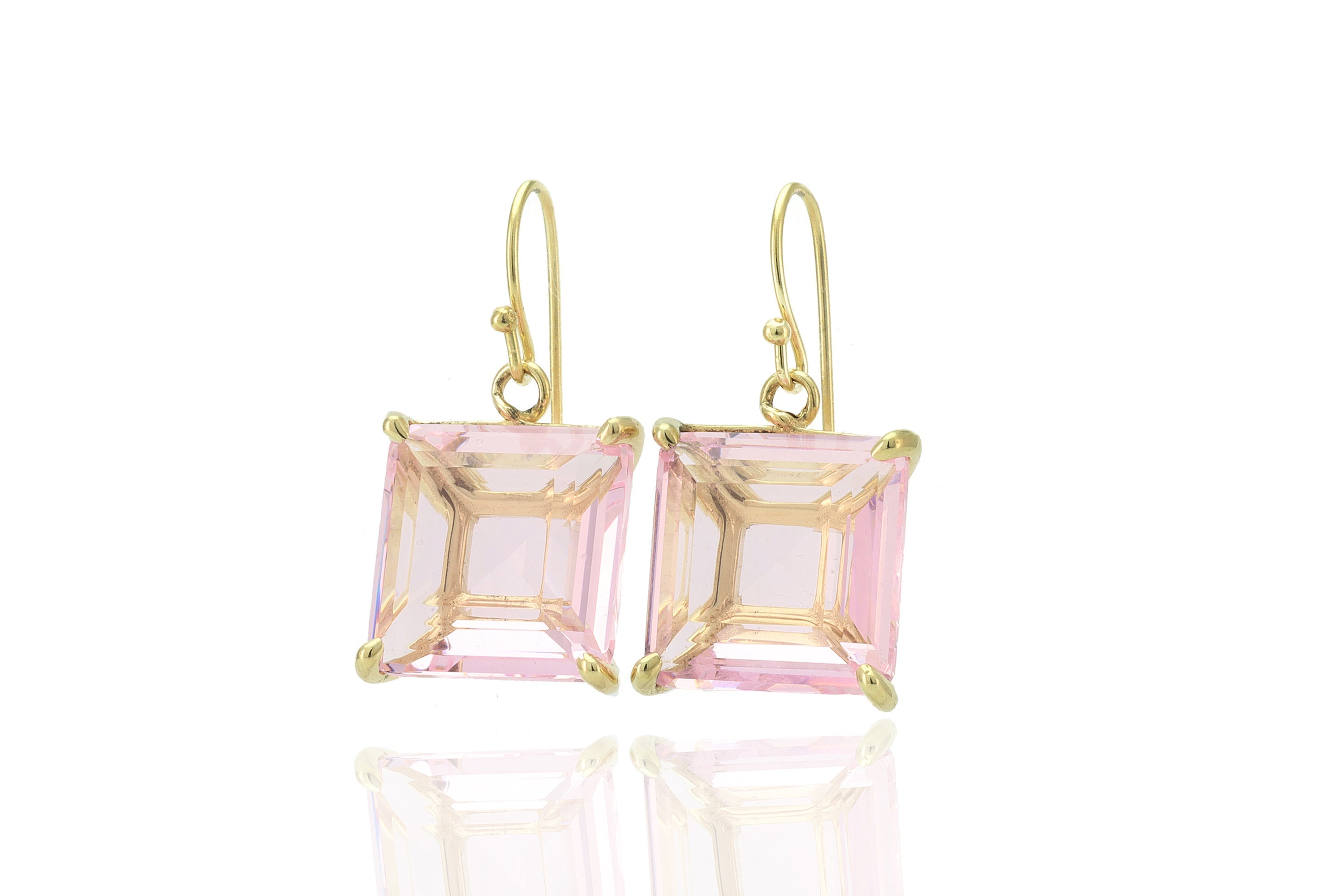 Rose Quartz Square Cut Dangle Gold Earrings Earrings Anemone Jewelry