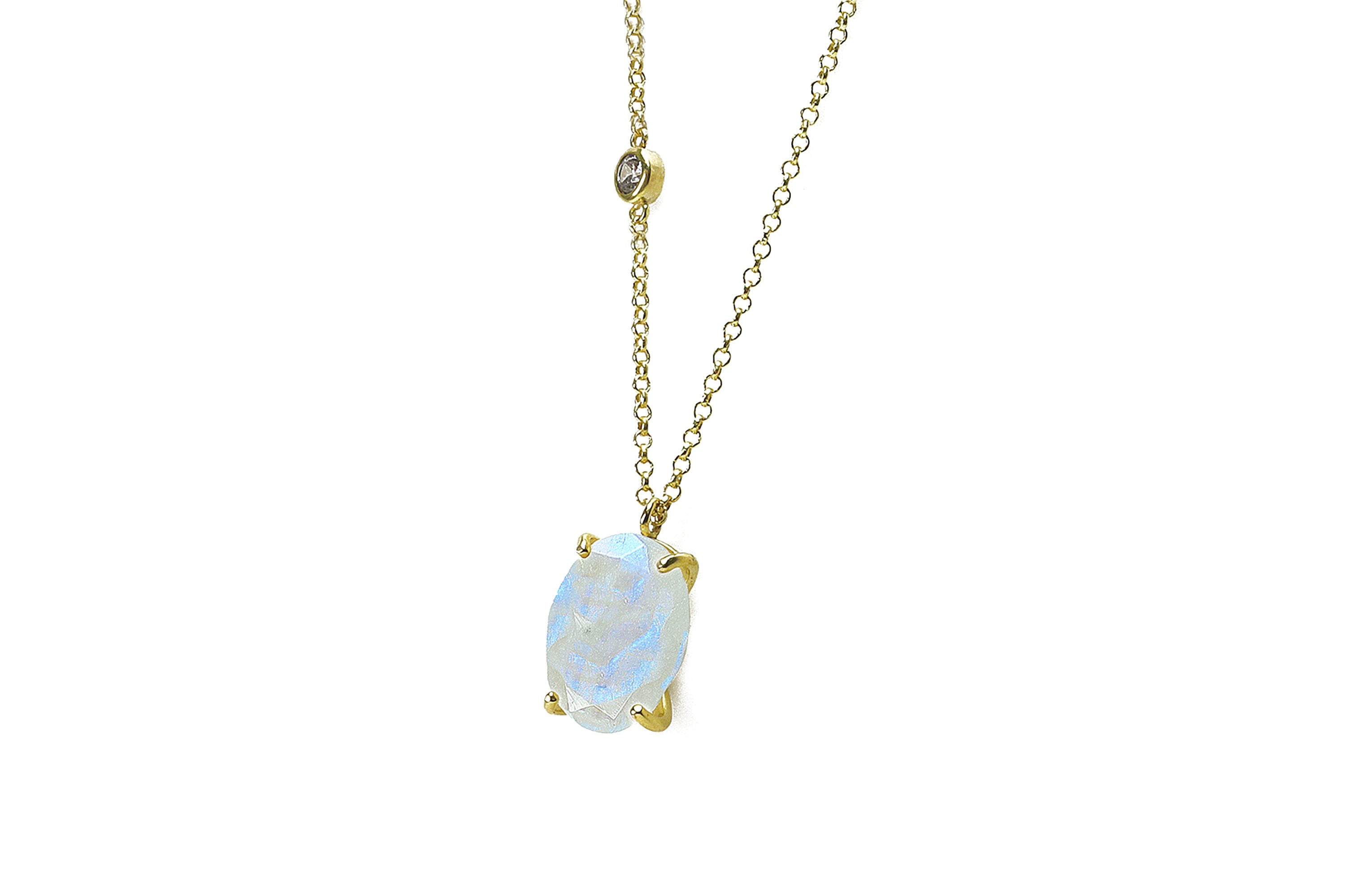 Long Gold Oval Moonstone Pendant with Small Cubic Zirconia Stone necklaces Anemone Jewelry