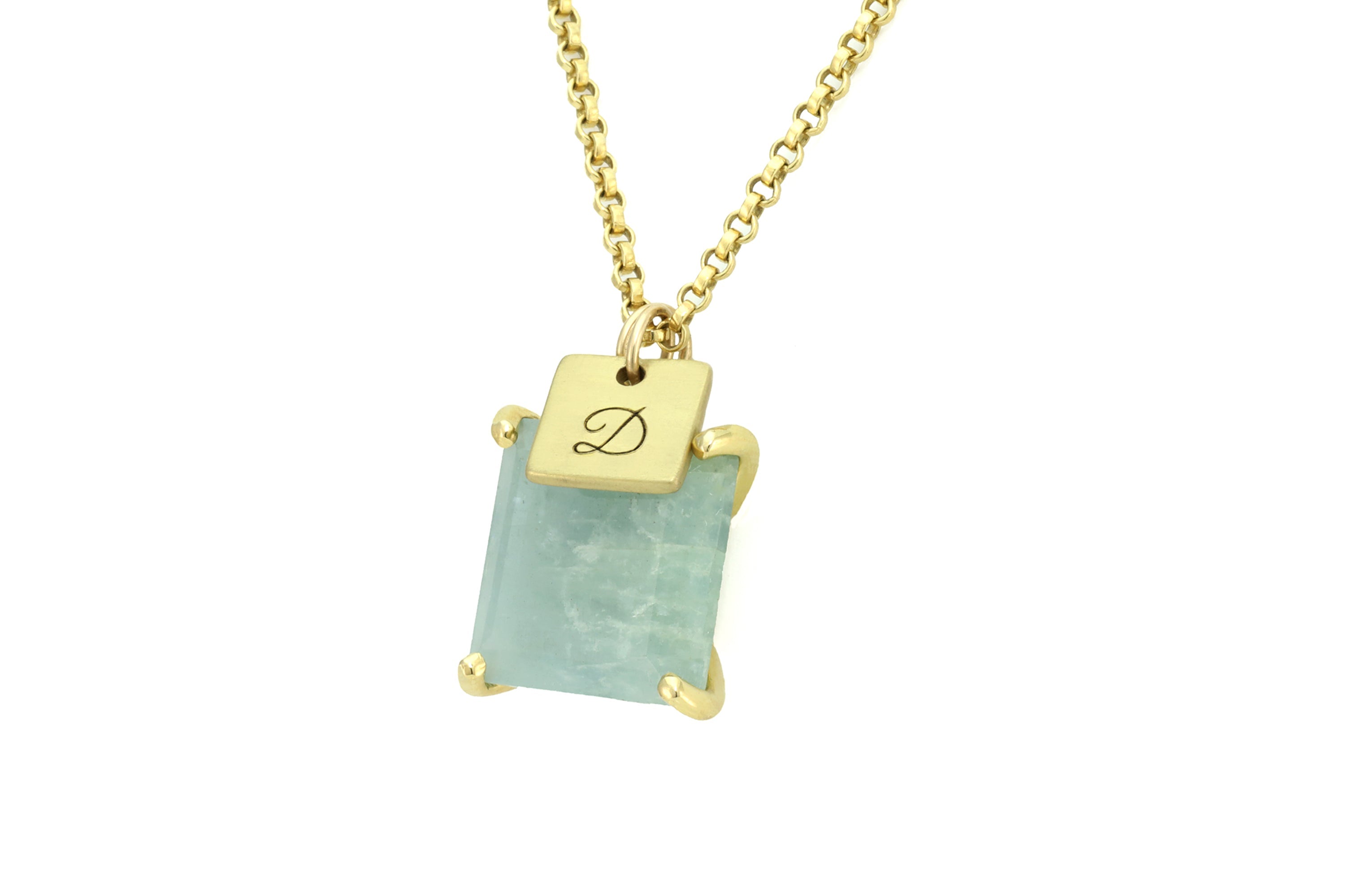 Aquamarine Square Gemstone Gold with Initial Coin Charm Pendant necklaces Anemone Jewelry