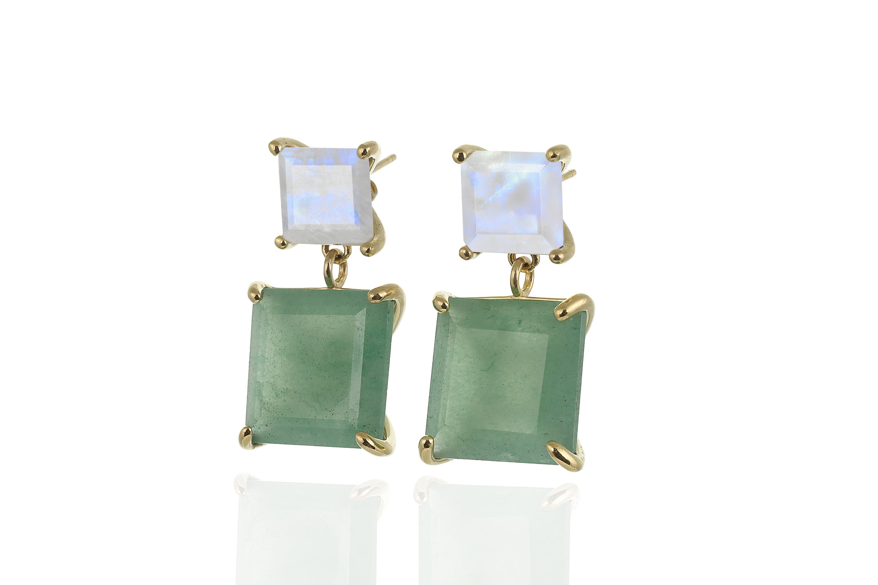 Square Rainbow Moonstone & Green Aventurine Gold Earrings Earrings Anemone Jewelry