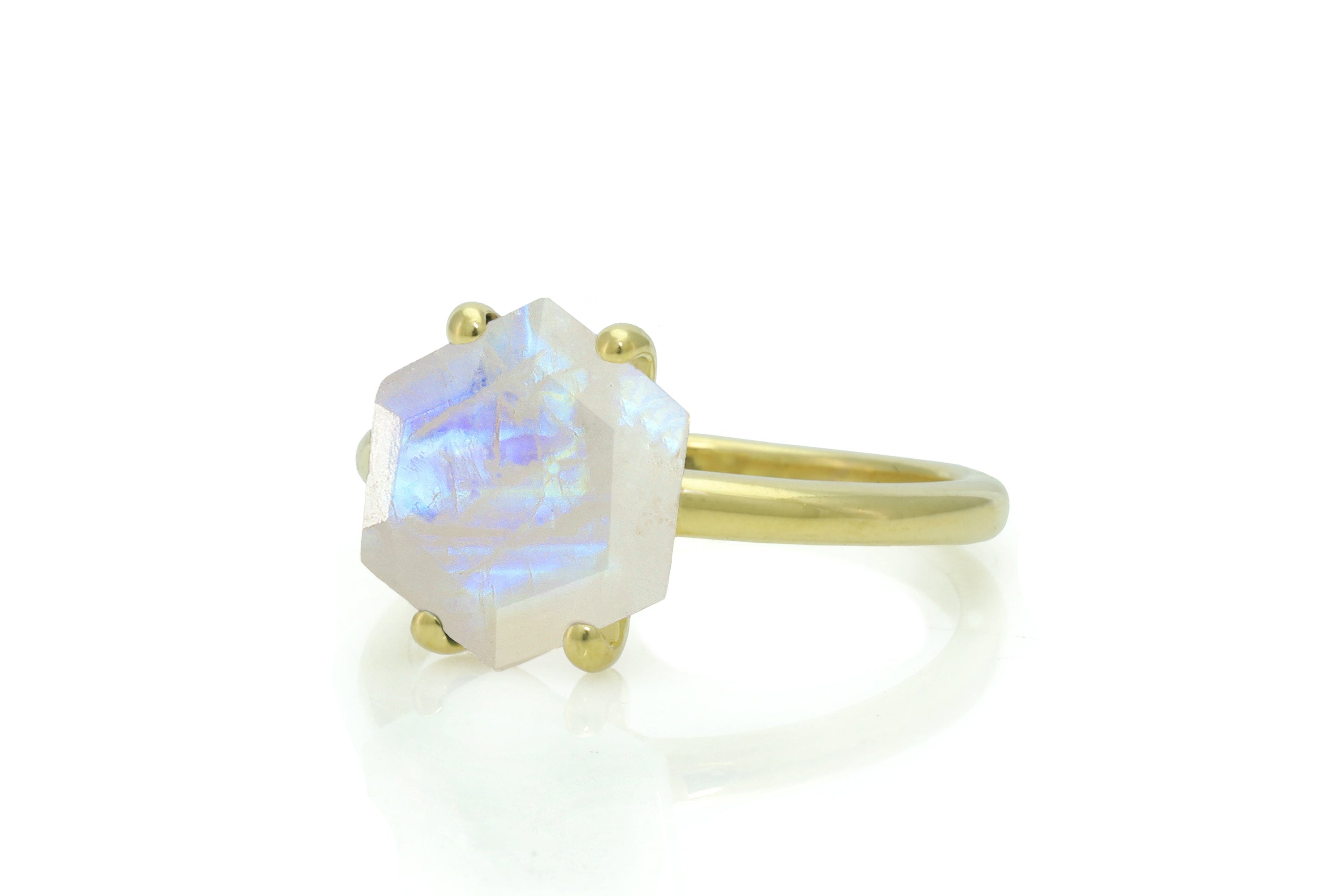 Hexagon Cut Rainbow Moonstone Gold Ring Rings Anemone Unique