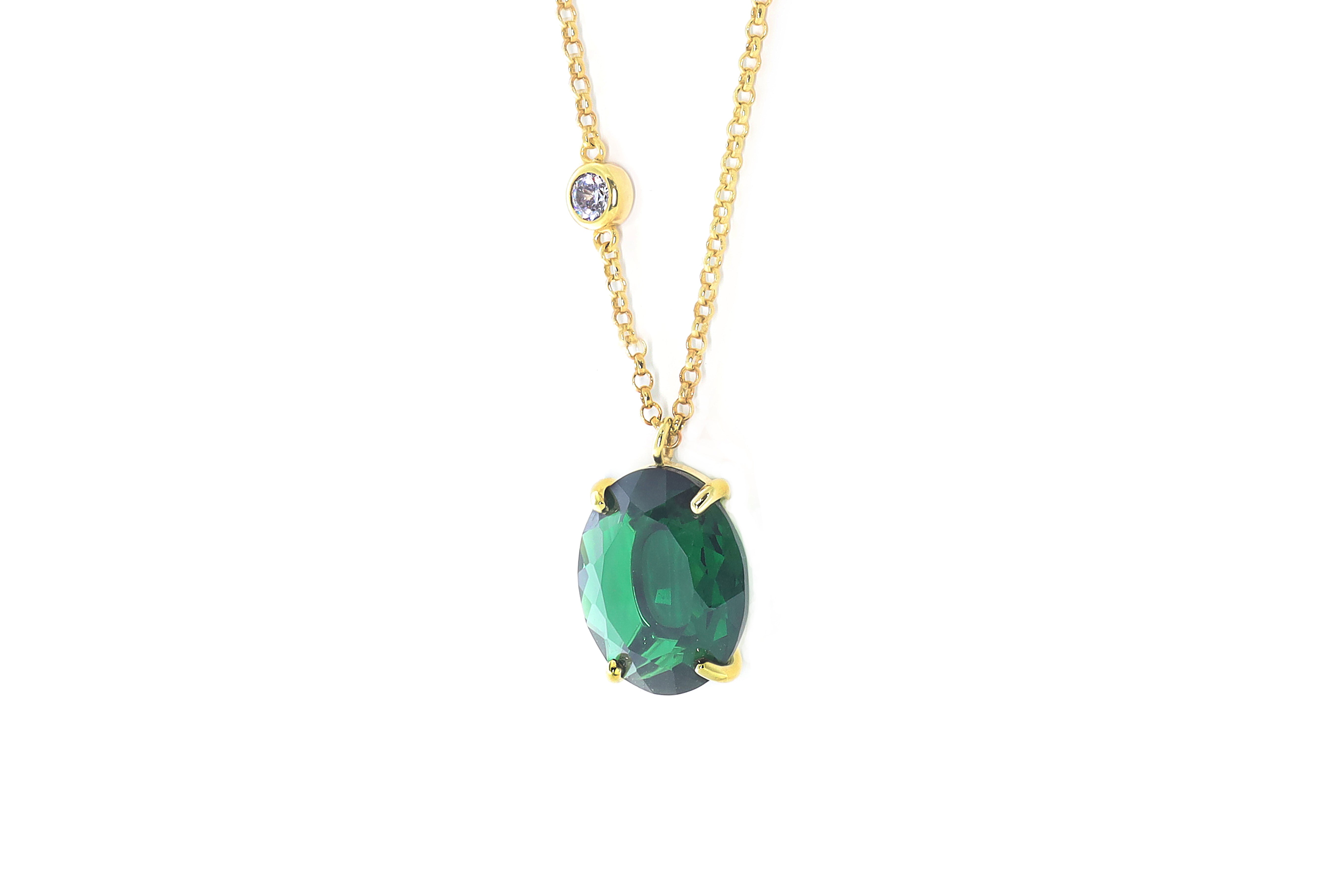Long Gold Oval Emerald Gemstone Necklace with Cubic Zirconia necklaces Anemone Jewelry