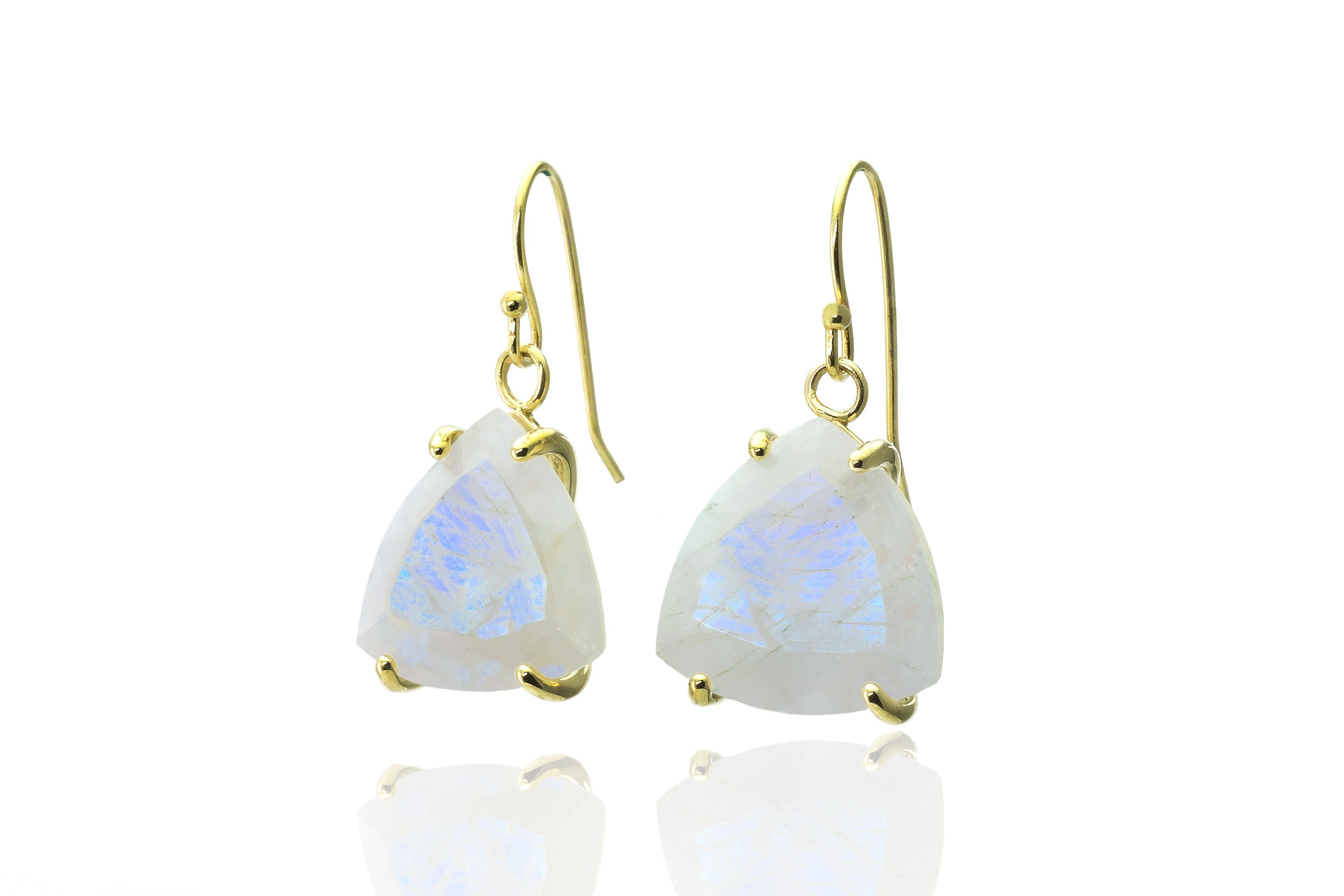 Trillion Cut Rainbow Moonstone Gold Dangle Statement Earrings Earrings Anemone Jewelry