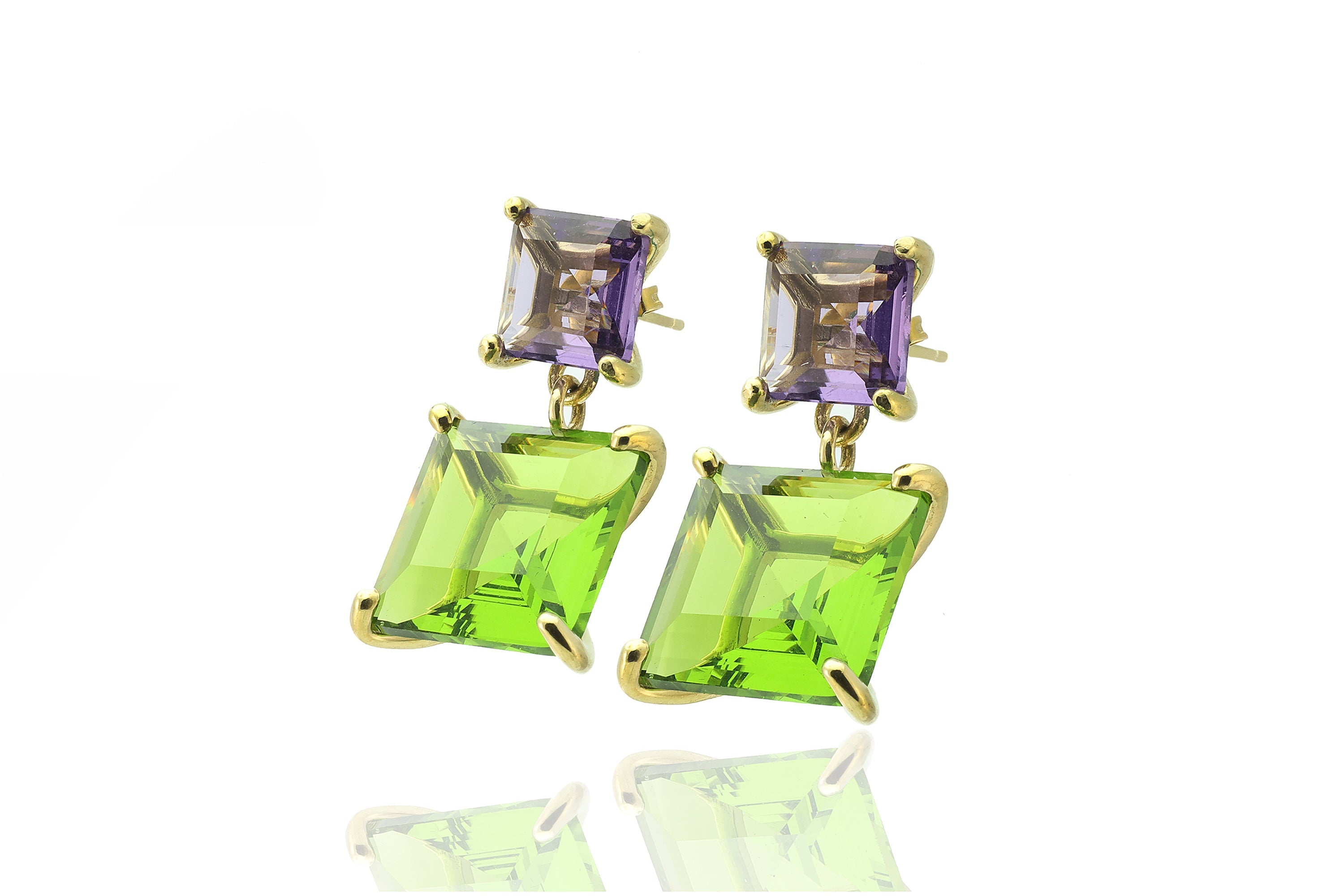 Multi-Stone Square Peridot and Amethyst Dangle Gold Filled Earrings Earrings Anemone Jewelry