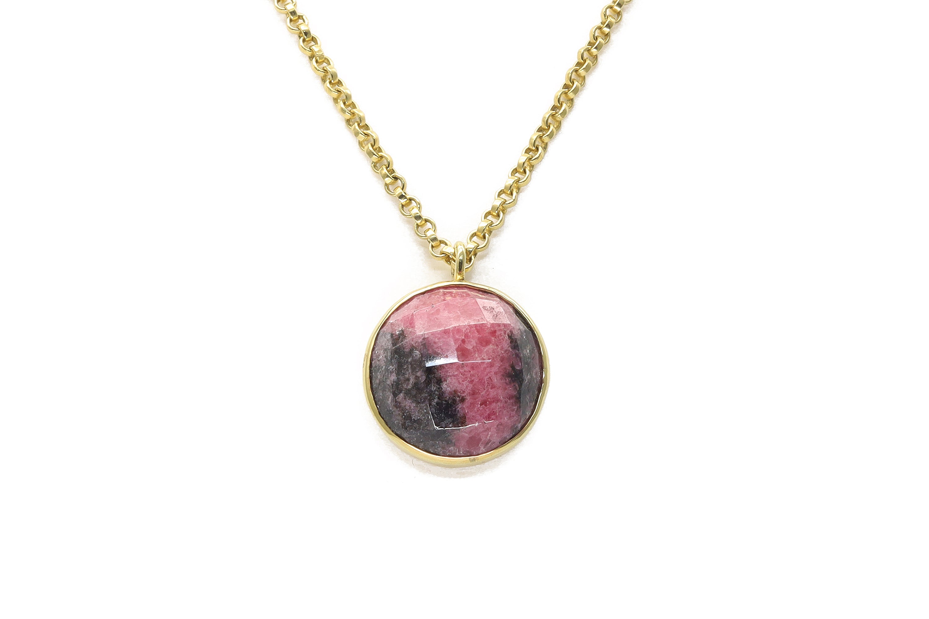 Fashionable Pink Rhodonite Bezel Set Gold Necklace necklaces Anemone Limited