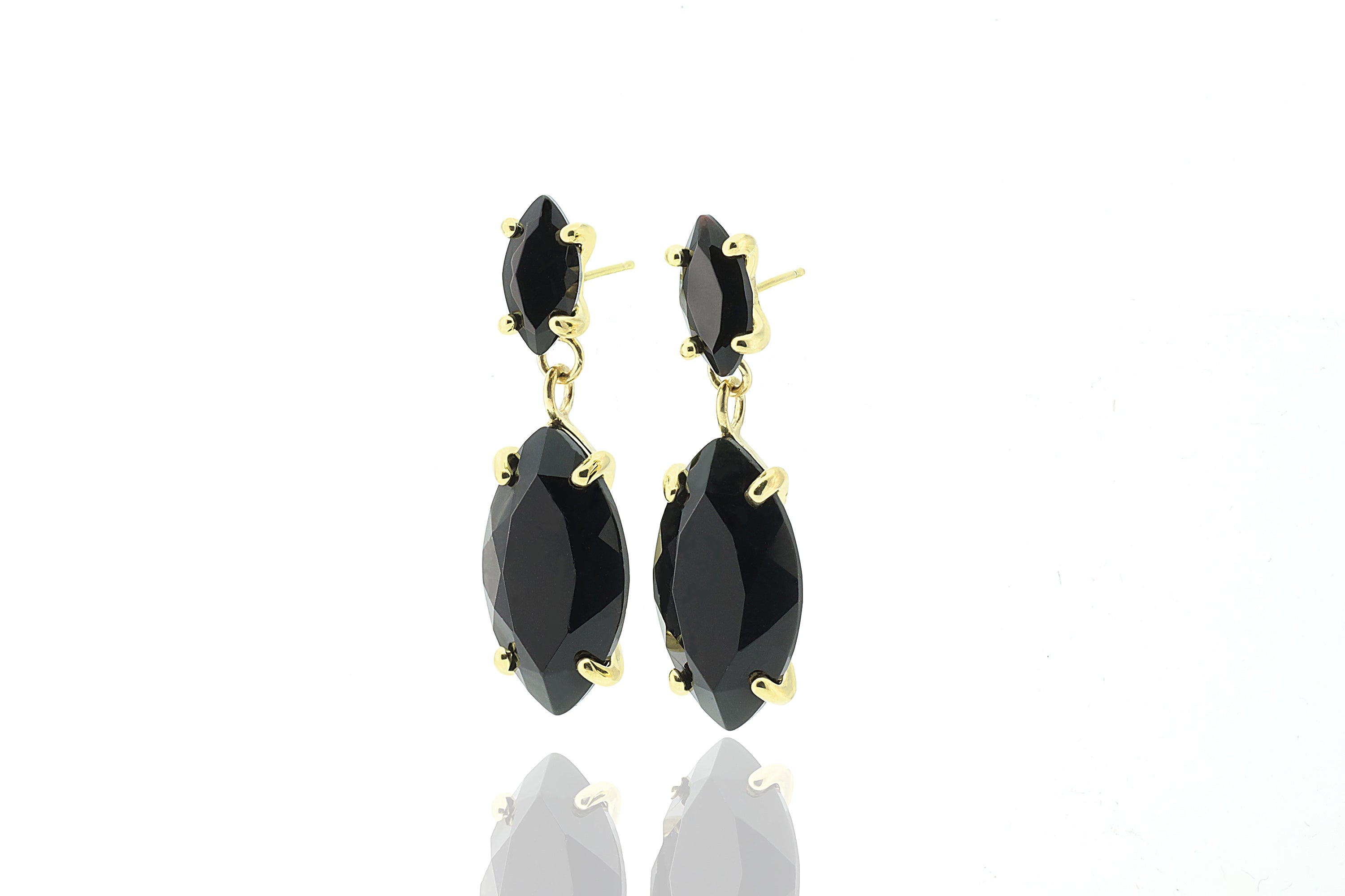 Black Onyx Double Stone Marquise Cut Gold Dangle Earrings Earrings Anemone Jewelry