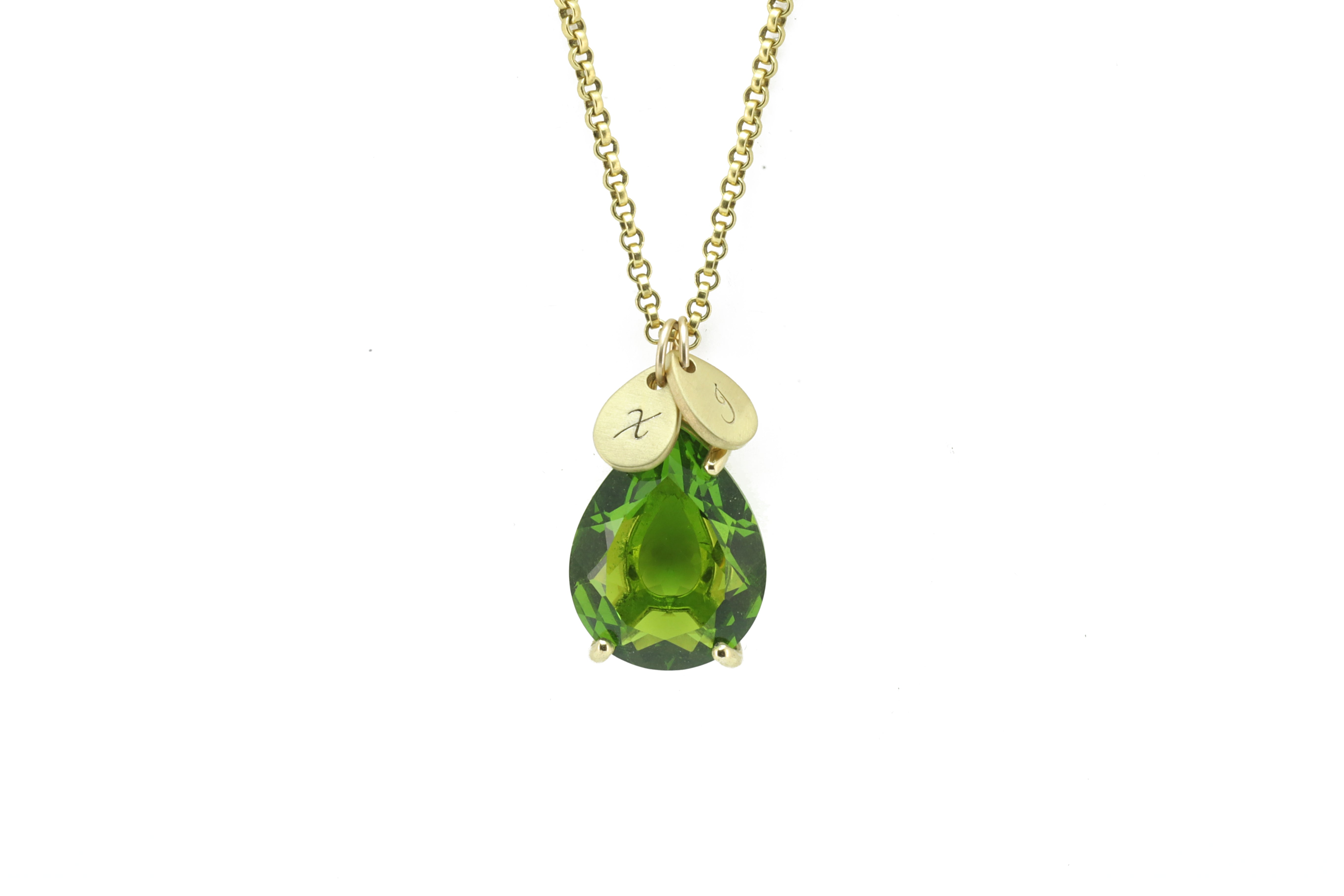 Customized 14k Gold Pear Peridot and Coin Pendant Necklace necklaces Anemone Jewelry